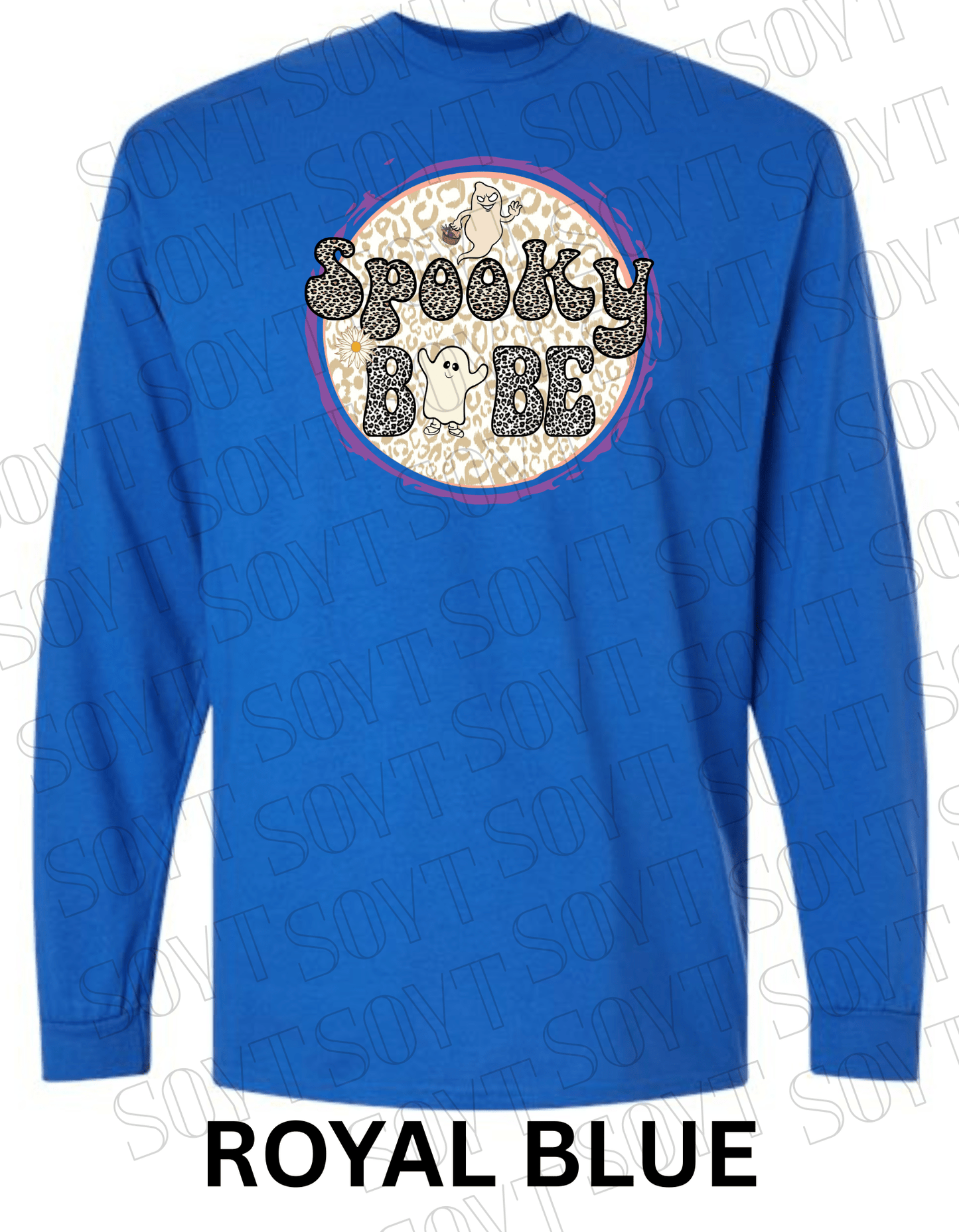Spooky Babe Halloween Long Sleeve – Leopard Print Ghost & Rainbow Fall Shirt - Festive Apparel StoreRoyal Blue