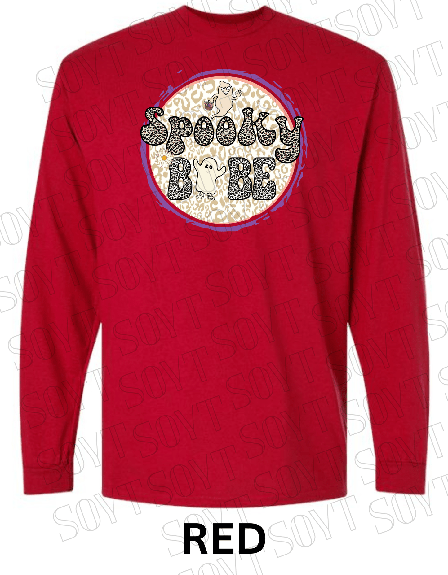 Spooky Babe Halloween Long Sleeve – Leopard Print Ghost & Rainbow Fall Shirt - Festive Apparel StoreRed