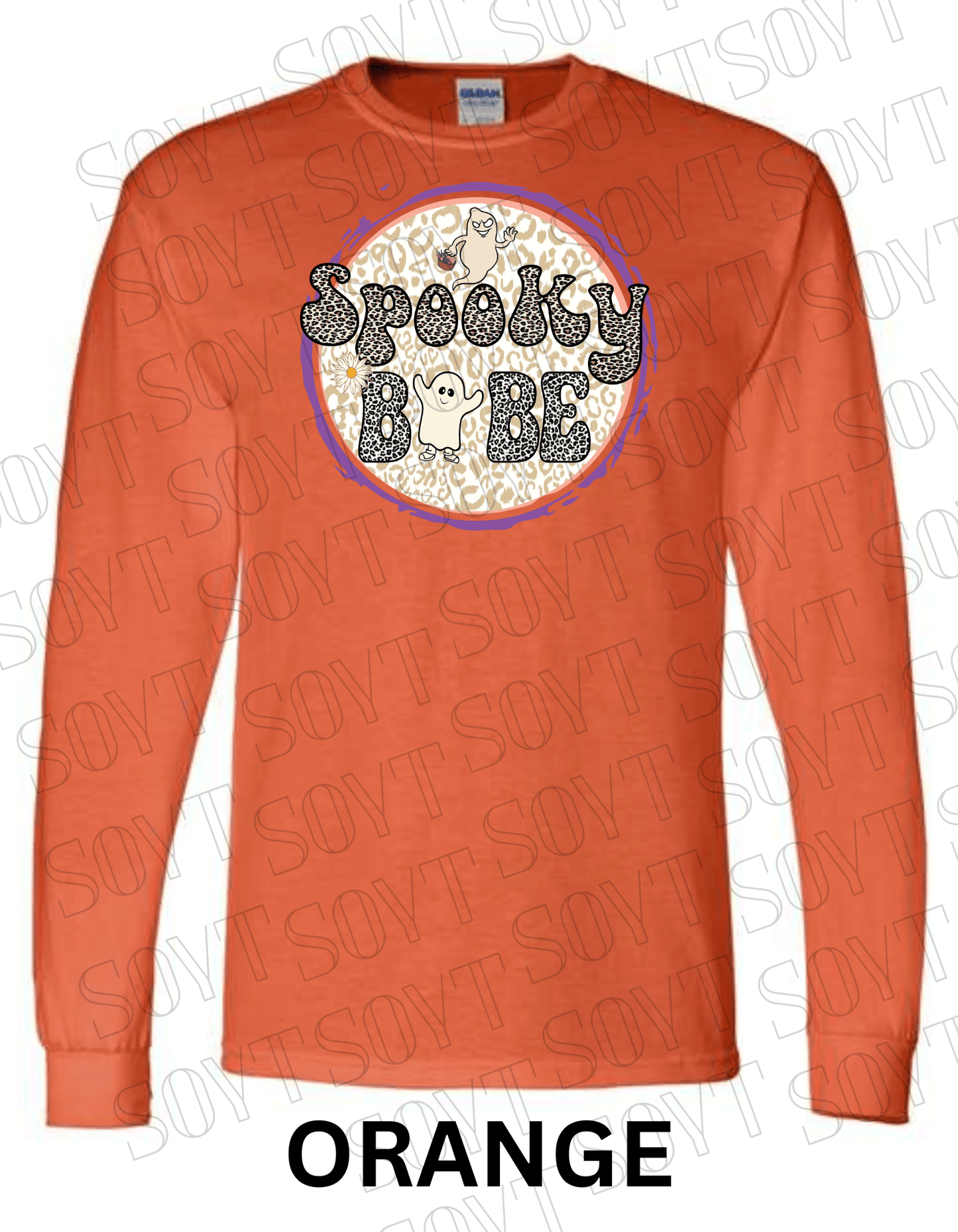 Spooky Babe Halloween Long Sleeve – Leopard Print Ghost & Rainbow Fall Shirt - Festive Apparel StoreOrange