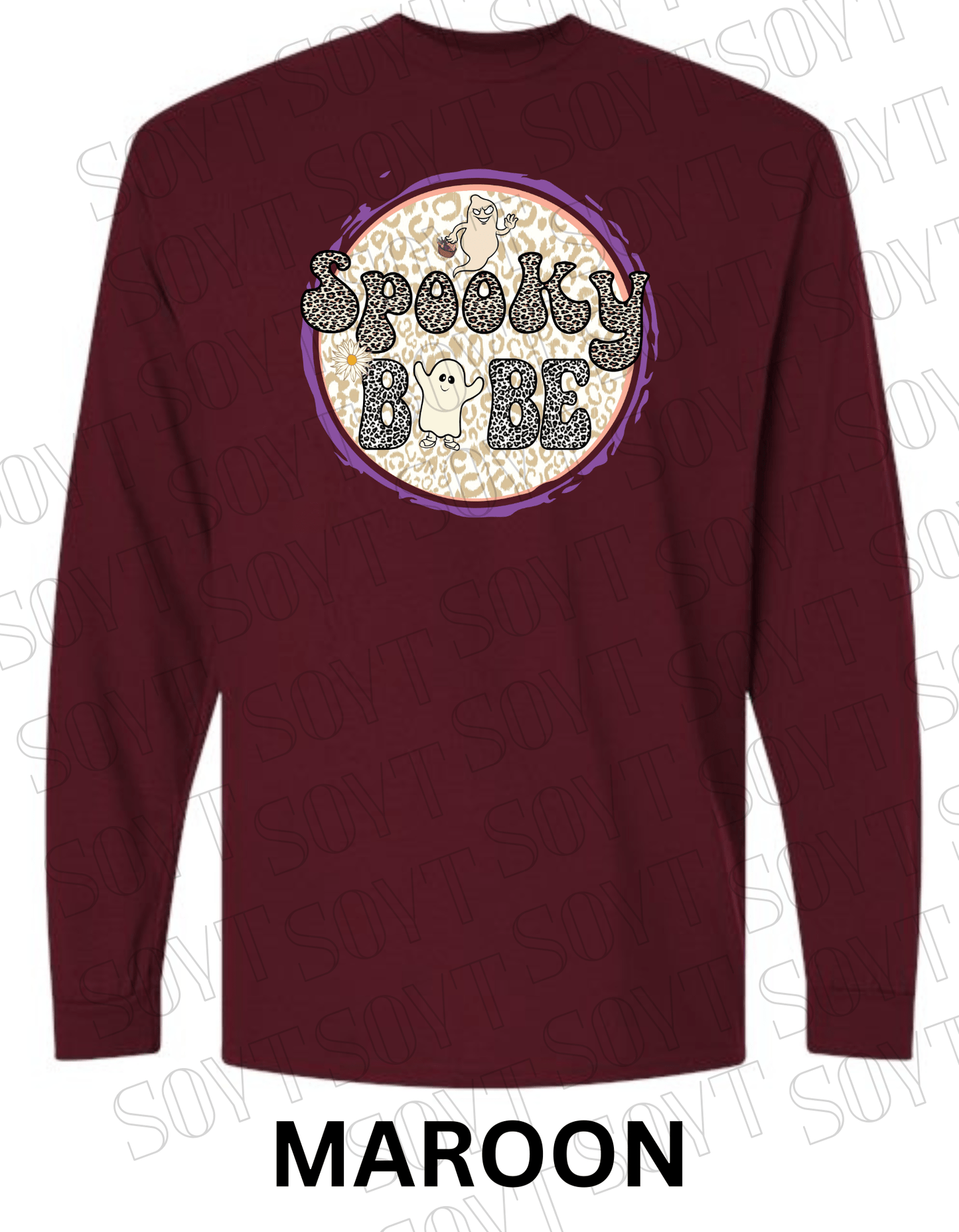 Spooky Babe Halloween Long Sleeve – Leopard Print Ghost & Rainbow Fall Shirt - Festive Apparel StoreMaroon