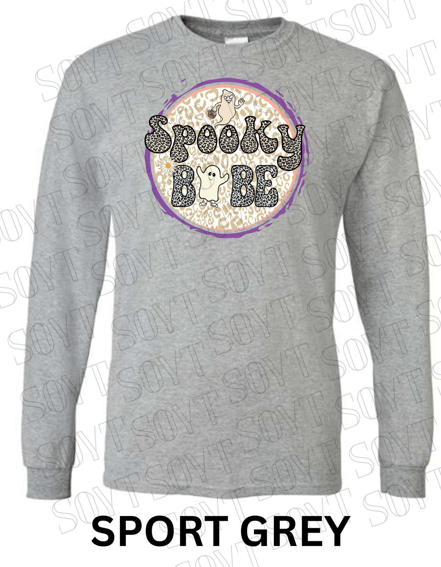 Spooky Babe Halloween Long Sleeve – Leopard Print Ghost & Rainbow Fall Shirt - Festive Apparel StoreSport Grey