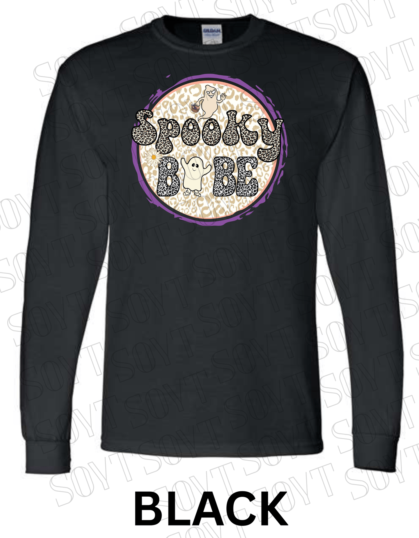 Spooky Babe Halloween Long Sleeve – Leopard Print Ghost & Rainbow Fall Shirt - Festive Apparel StoreBlack