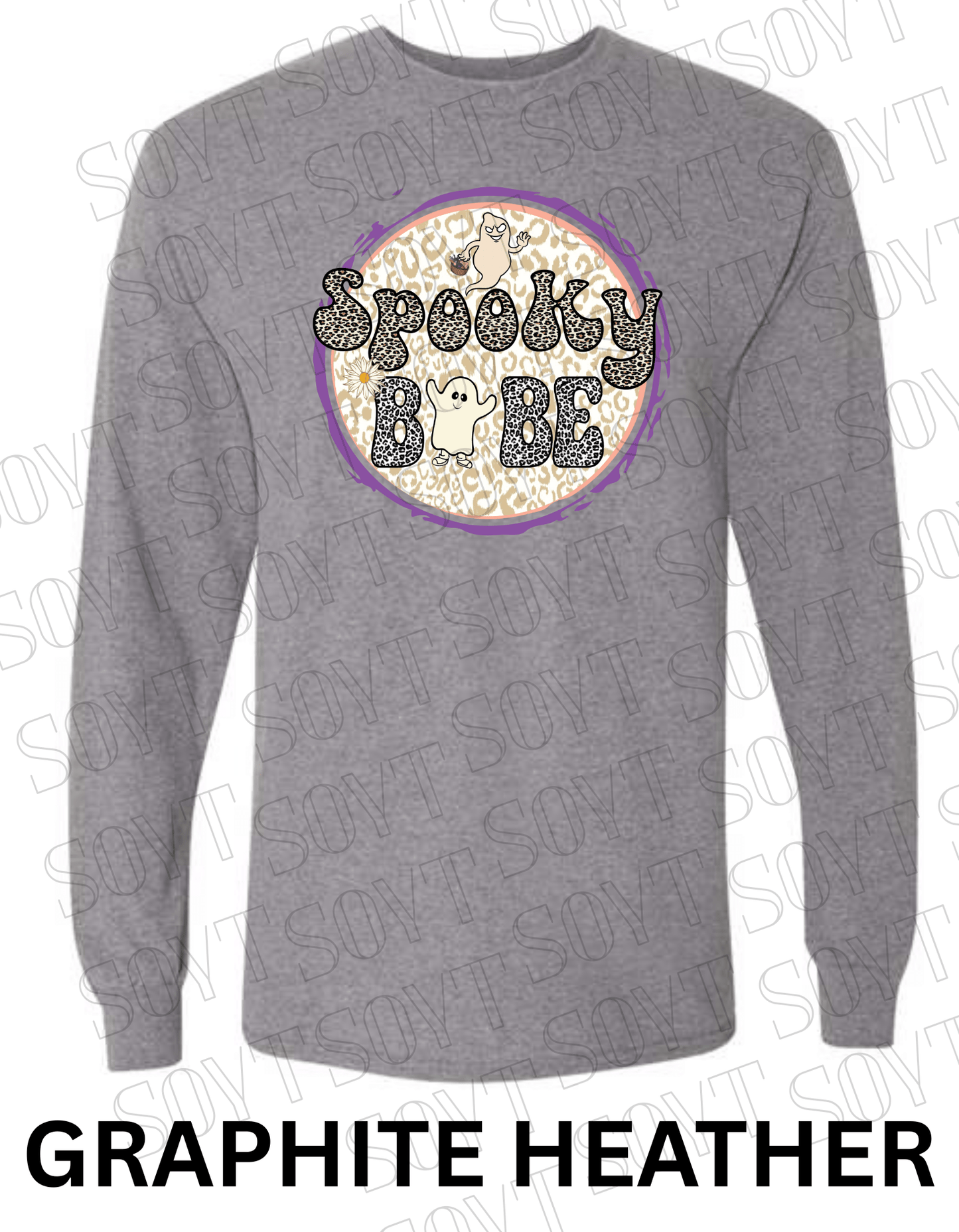 Spooky Babe Halloween Long Sleeve – Leopard Print Ghost & Rainbow Fall Shirt - Festive Apparel StoreGraphite Heather