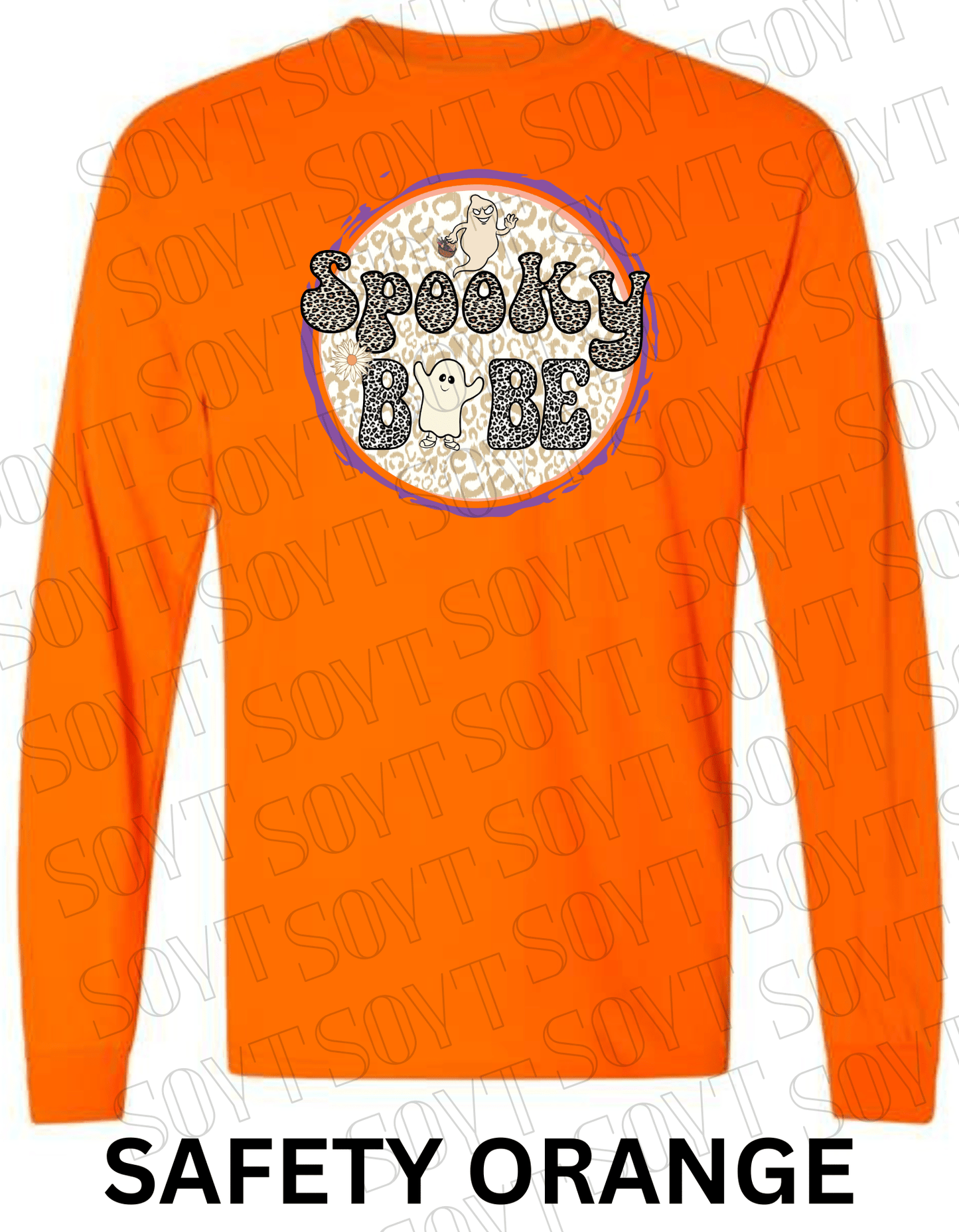 Spooky Babe Halloween Long Sleeve – Leopard Print Ghost & Rainbow Fall Shirt - Festive Apparel StoreSafety Orange