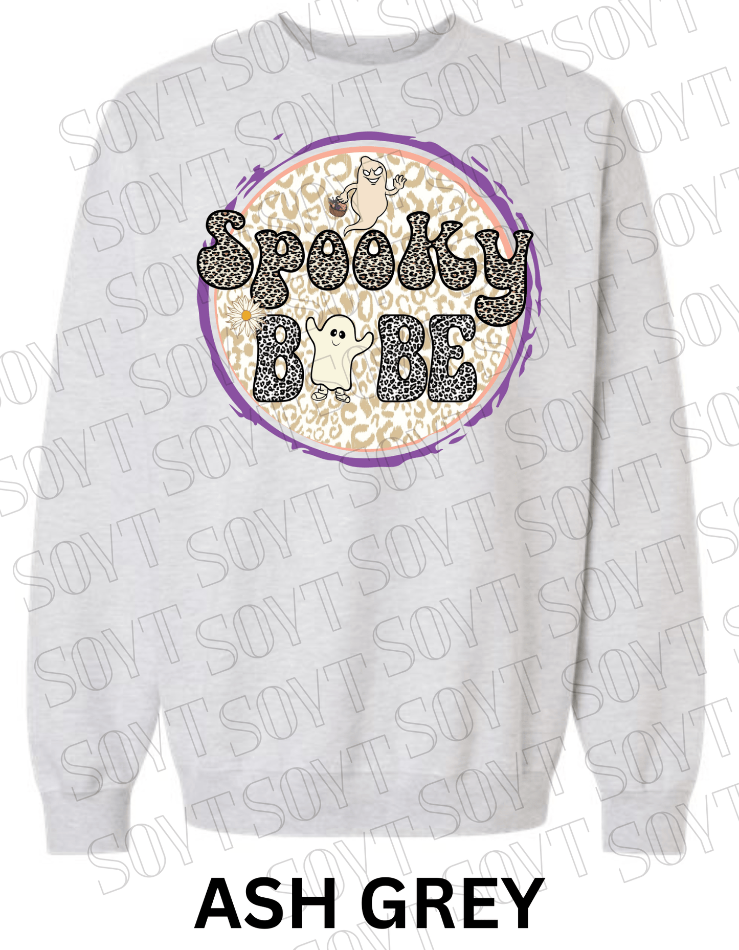 Spooky Babe Halloween Sweatshirt – Leopard Print Ghost & Rainbow Fleece Pullover - Festive Apparel StoreAsh Grey