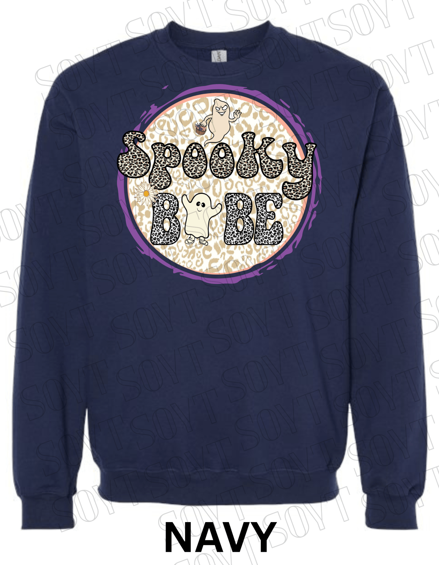 Spooky Babe Halloween Sweatshirt – Leopard Print Ghost & Rainbow Fleece Pullover - Festive Apparel StoreNavy Blue