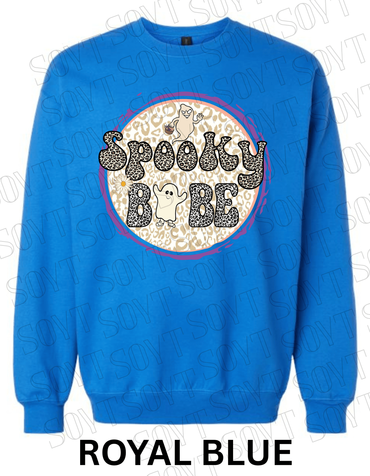 Spooky Babe Halloween Sweatshirt – Leopard Print Ghost & Rainbow Fleece Pullover - Festive Apparel StoreRoyal Blue