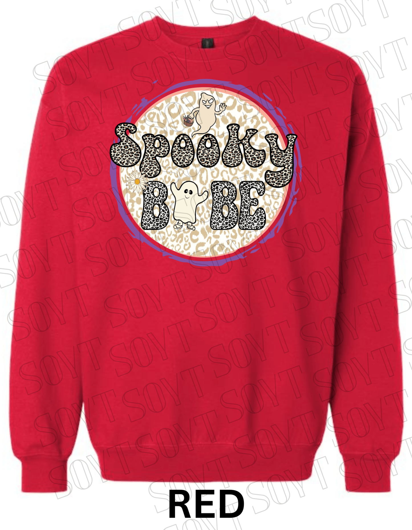 Spooky Babe Halloween Sweatshirt – Leopard Print Ghost & Rainbow Fleece Pullover - Festive Apparel StoreRed