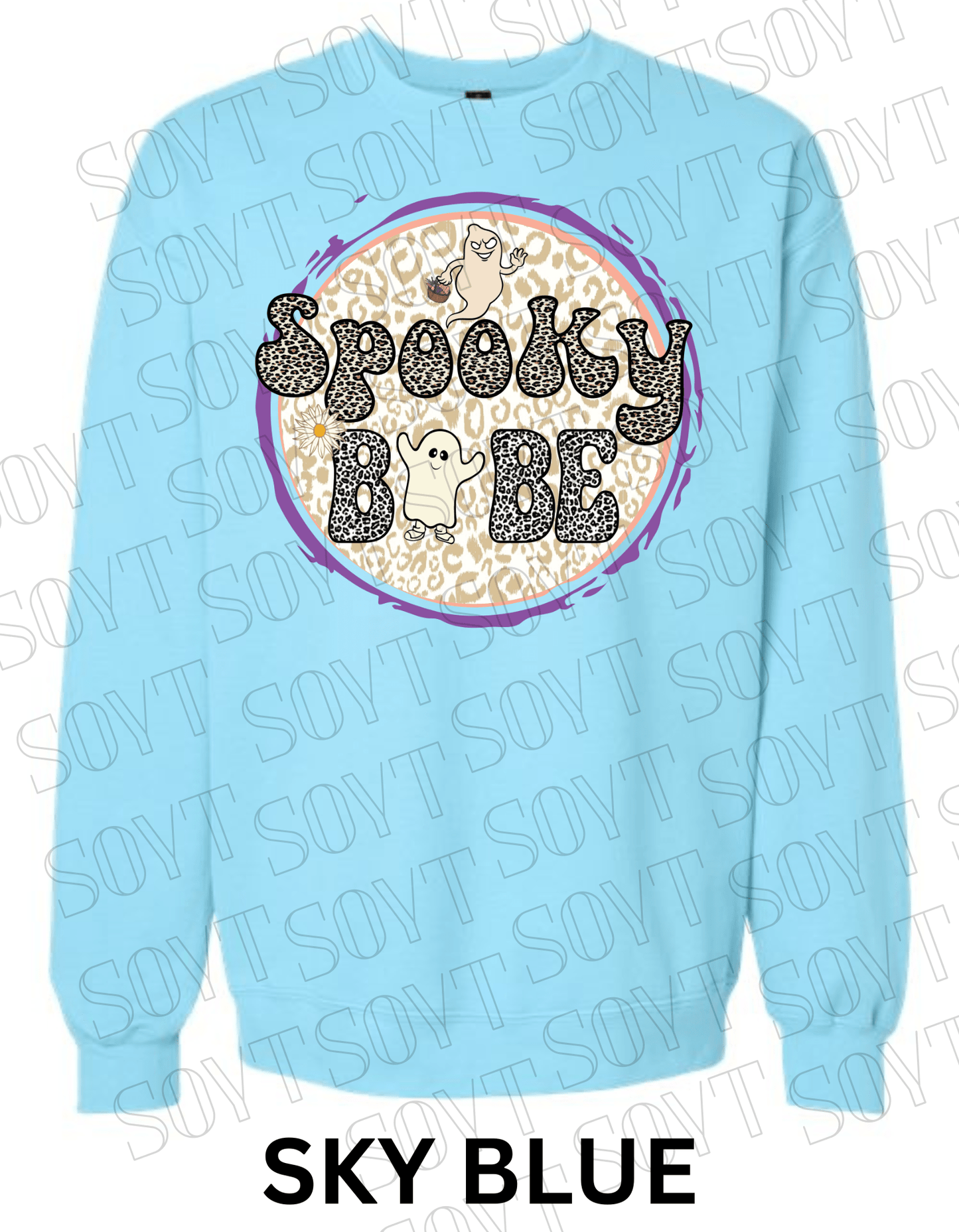 Spooky Babe Halloween Sweatshirt – Leopard Print Ghost & Rainbow Fleece Pullover - Festive Apparel StoreSky Blue
