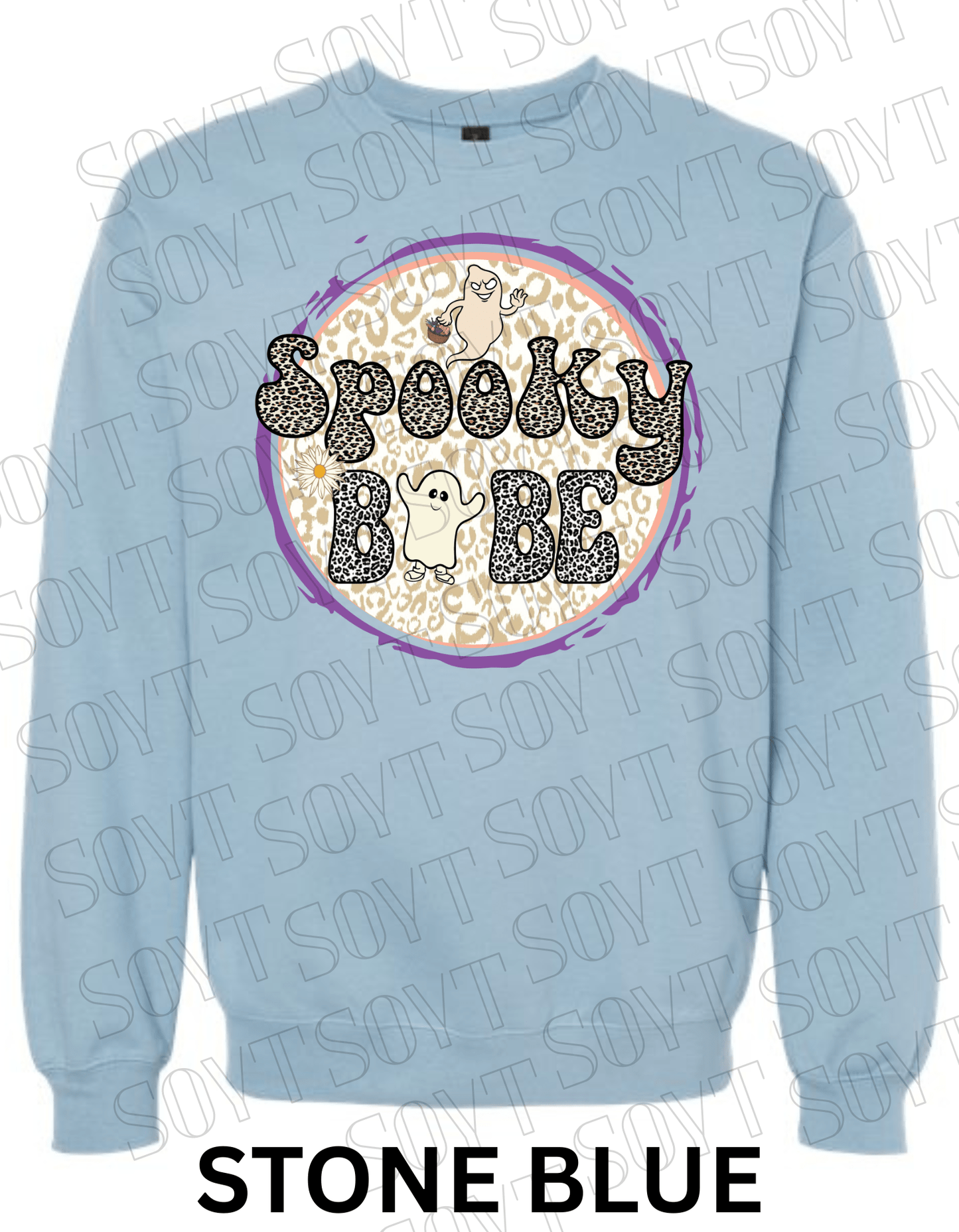Spooky Babe Halloween Sweatshirt – Leopard Print Ghost & Rainbow Fleece Pullover - Festive Apparel StoreStone Blue