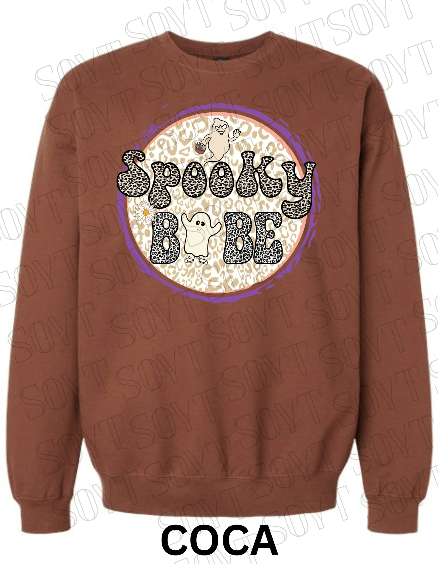 Spooky Babe Halloween Sweatshirt – Leopard Print Ghost & Rainbow Fleece Pullover - Festive Apparel StoreCocoa Brown