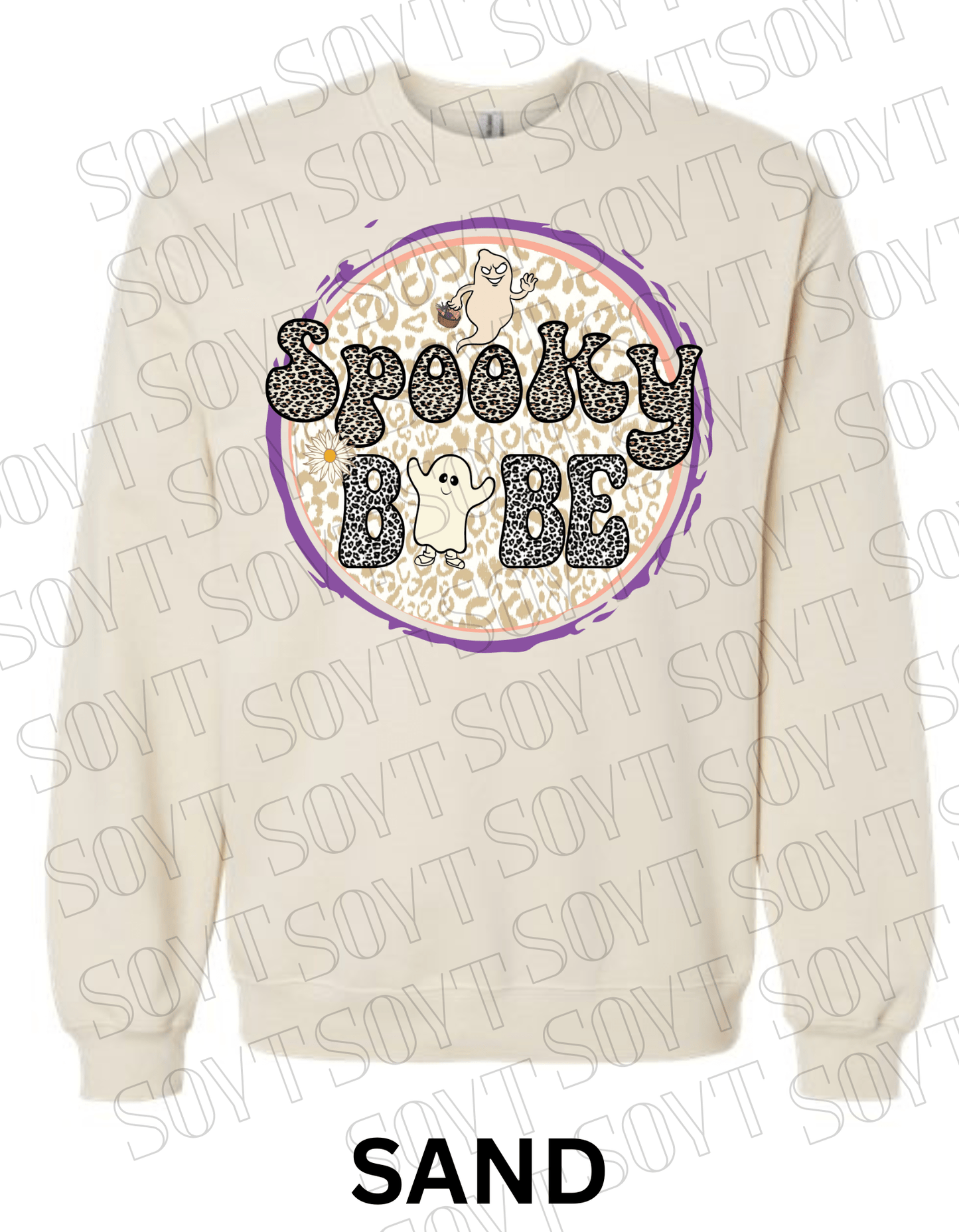 Spooky Babe Halloween Sweatshirt – Leopard Print Ghost & Rainbow Fleece Pullover - Festive Apparel StoreSand