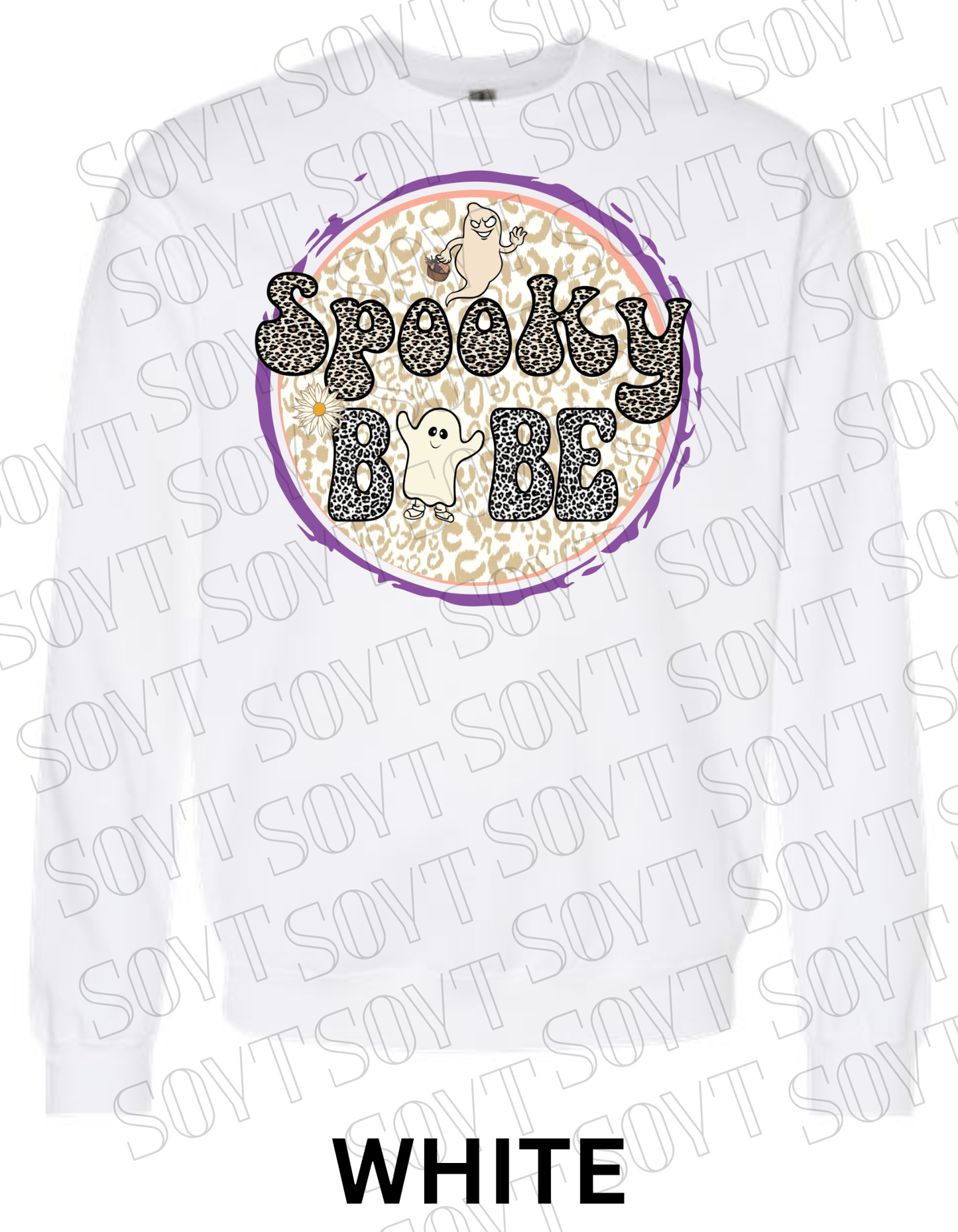 Spooky Babe Halloween Sweatshirt – Leopard Print Ghost & Rainbow Fleece Pullover - Festive Apparel StoreWhite