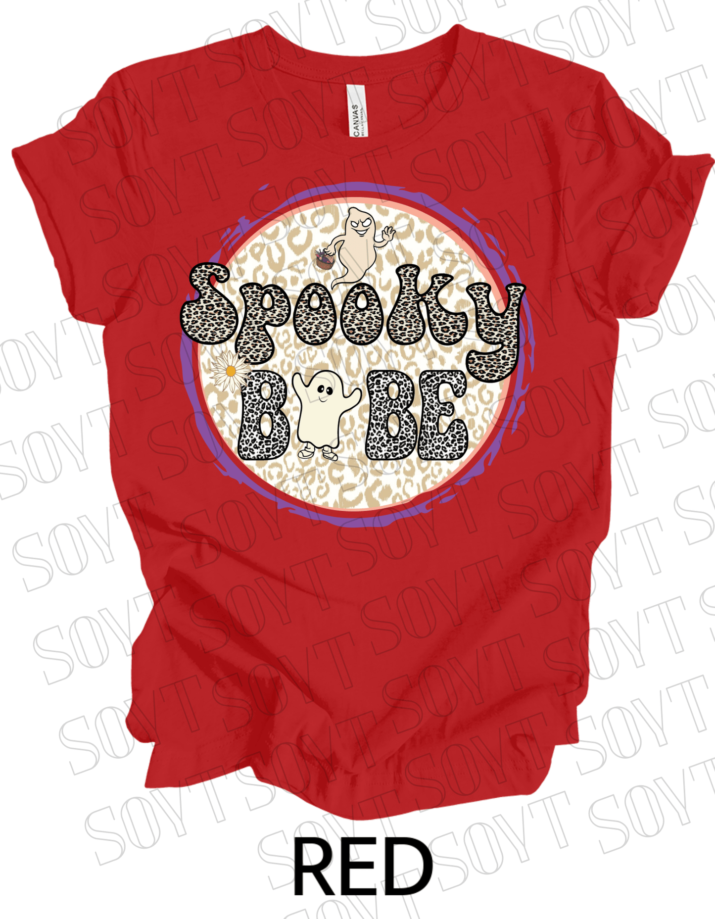 Spooky Babe Halloween T-Shirt – Leopard Print Ghost & Rainbow Fall Graphic Tee - Festive Apparel StoreRed