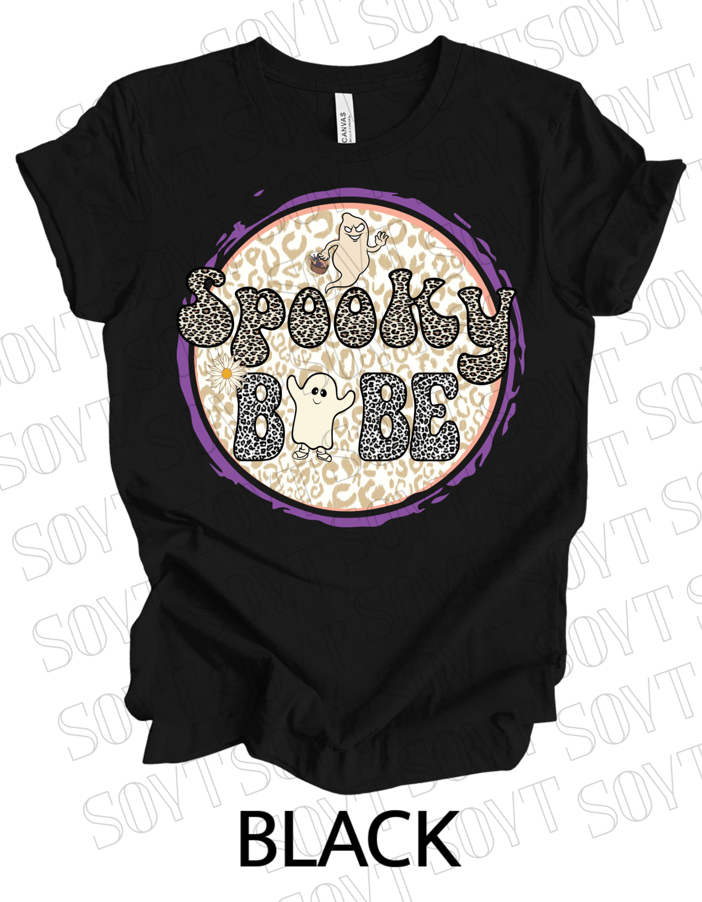 Spooky Babe Halloween T-Shirt – Leopard Print Ghost & Rainbow Fall Graphic Tee - Festive Apparel StoreBlack