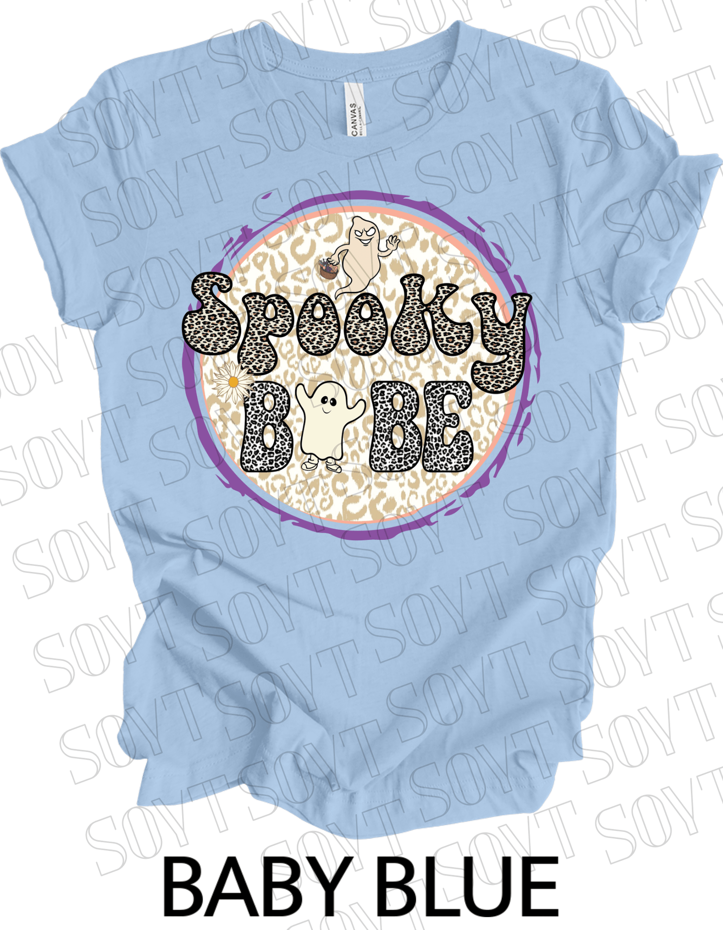 Spooky Babe Halloween T-Shirt – Leopard Print Ghost & Rainbow Fall Graphic Tee - Festive Apparel StoreBaby Blue