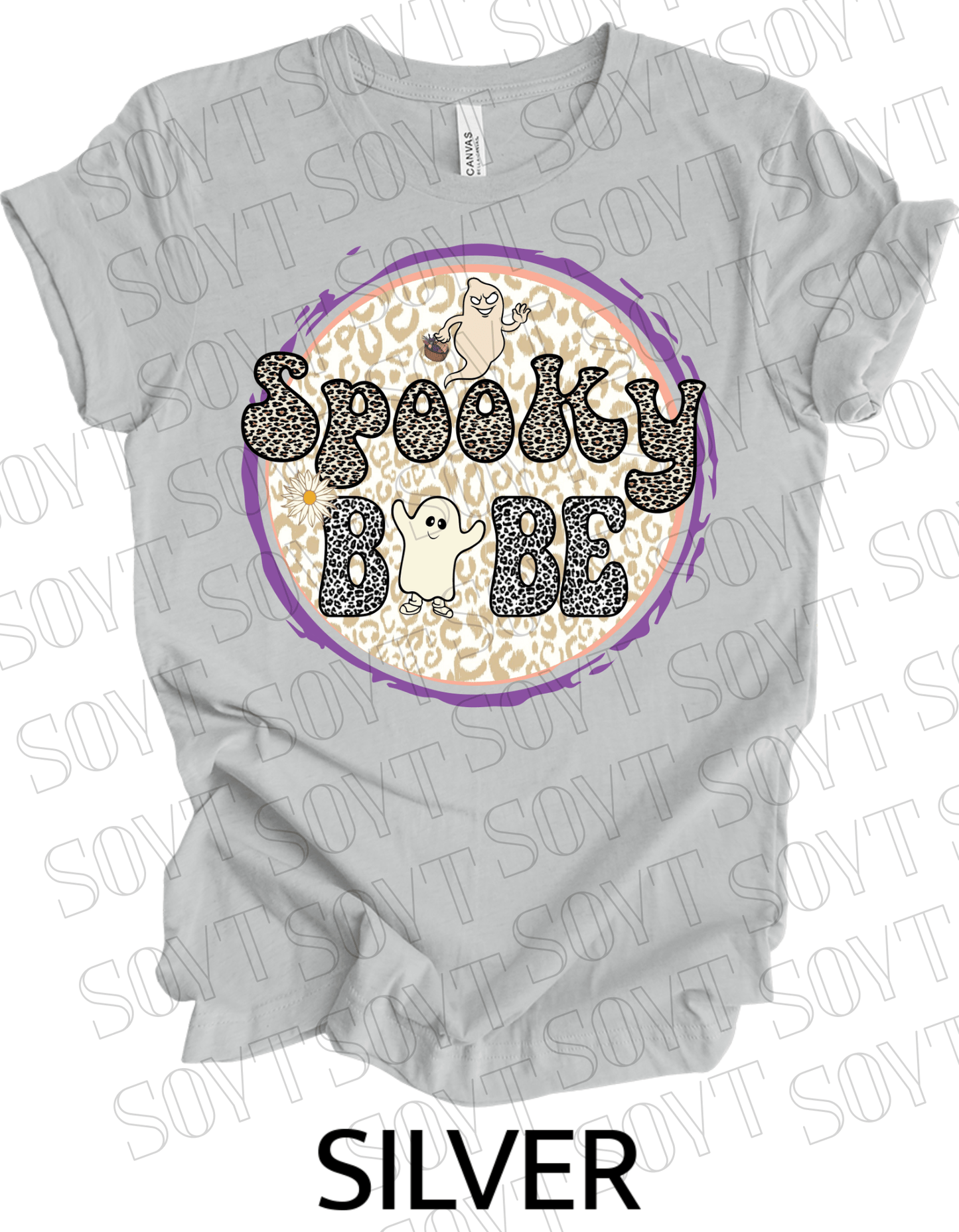 Spooky Babe Halloween T-Shirt – Leopard Print Ghost & Rainbow Fall Graphic Tee - Festive Apparel StoreSilver