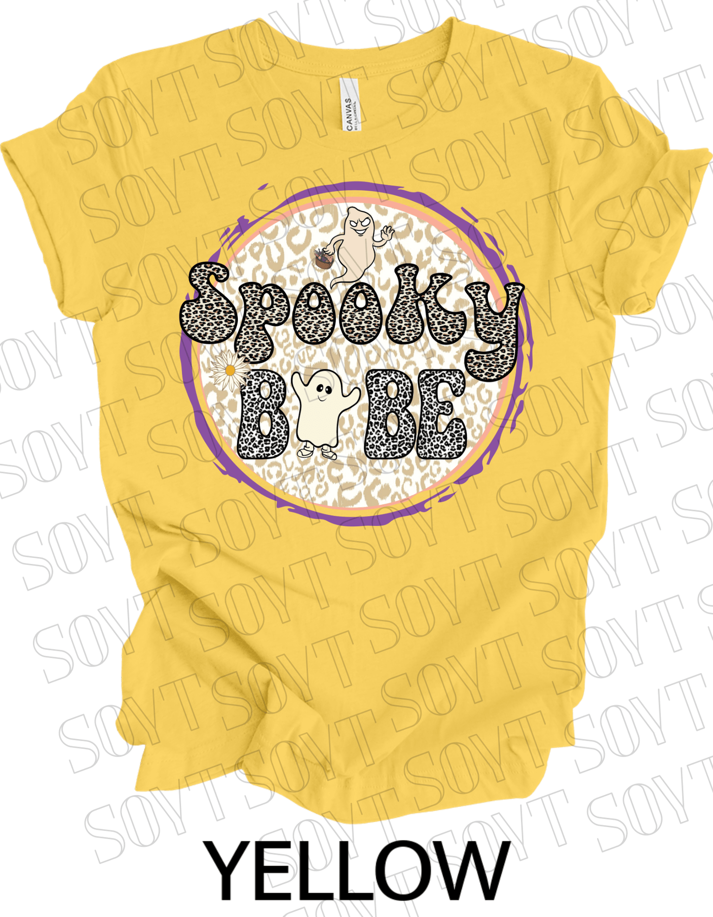 Spooky Babe Halloween T-Shirt – Leopard Print Ghost & Rainbow Fall Graphic Tee - Festive Apparel StoreYellow