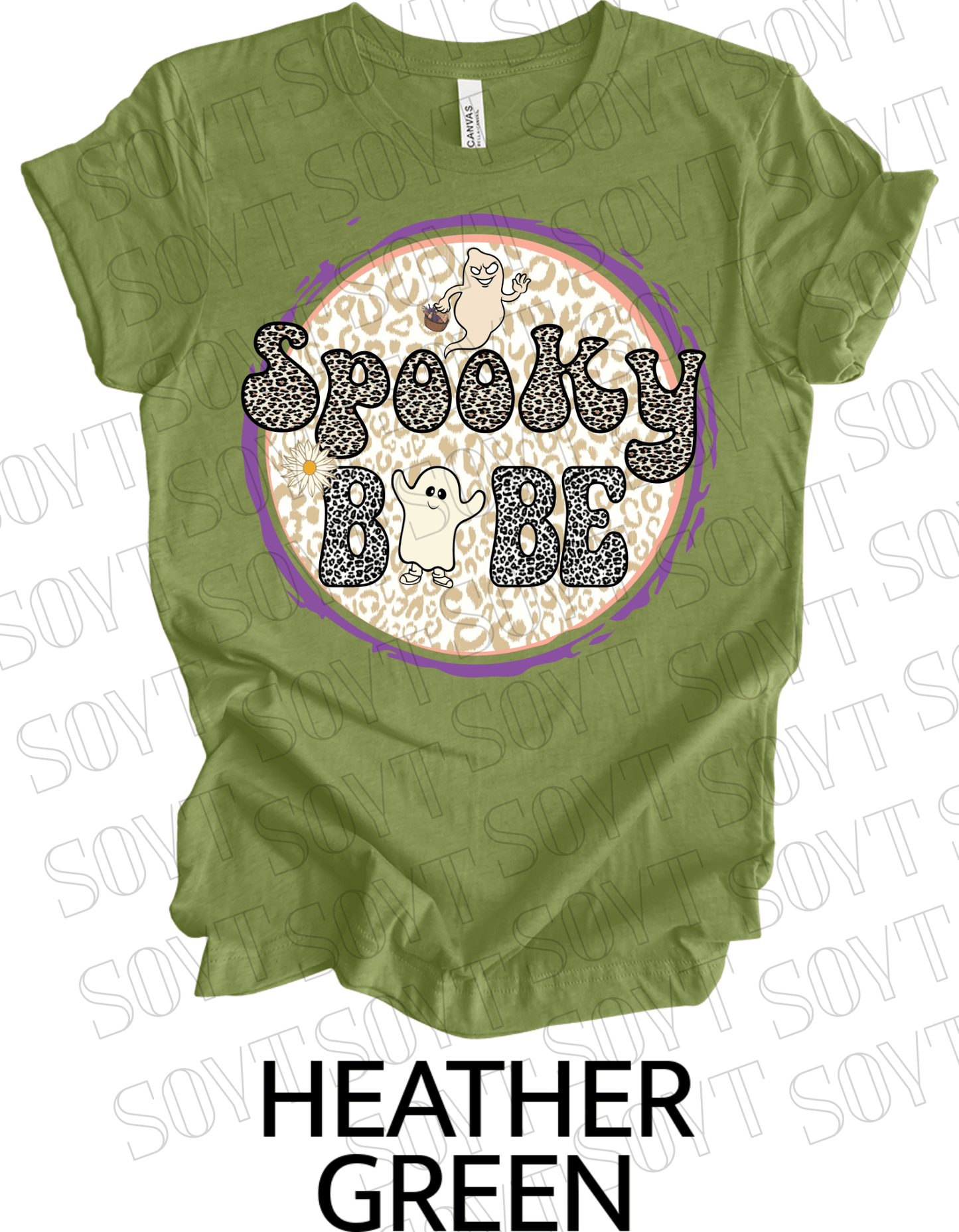 Spooky Babe Halloween T-Shirt – Leopard Print Ghost & Rainbow Fall Graphic Tee - Festive Apparel StoreHeather Green