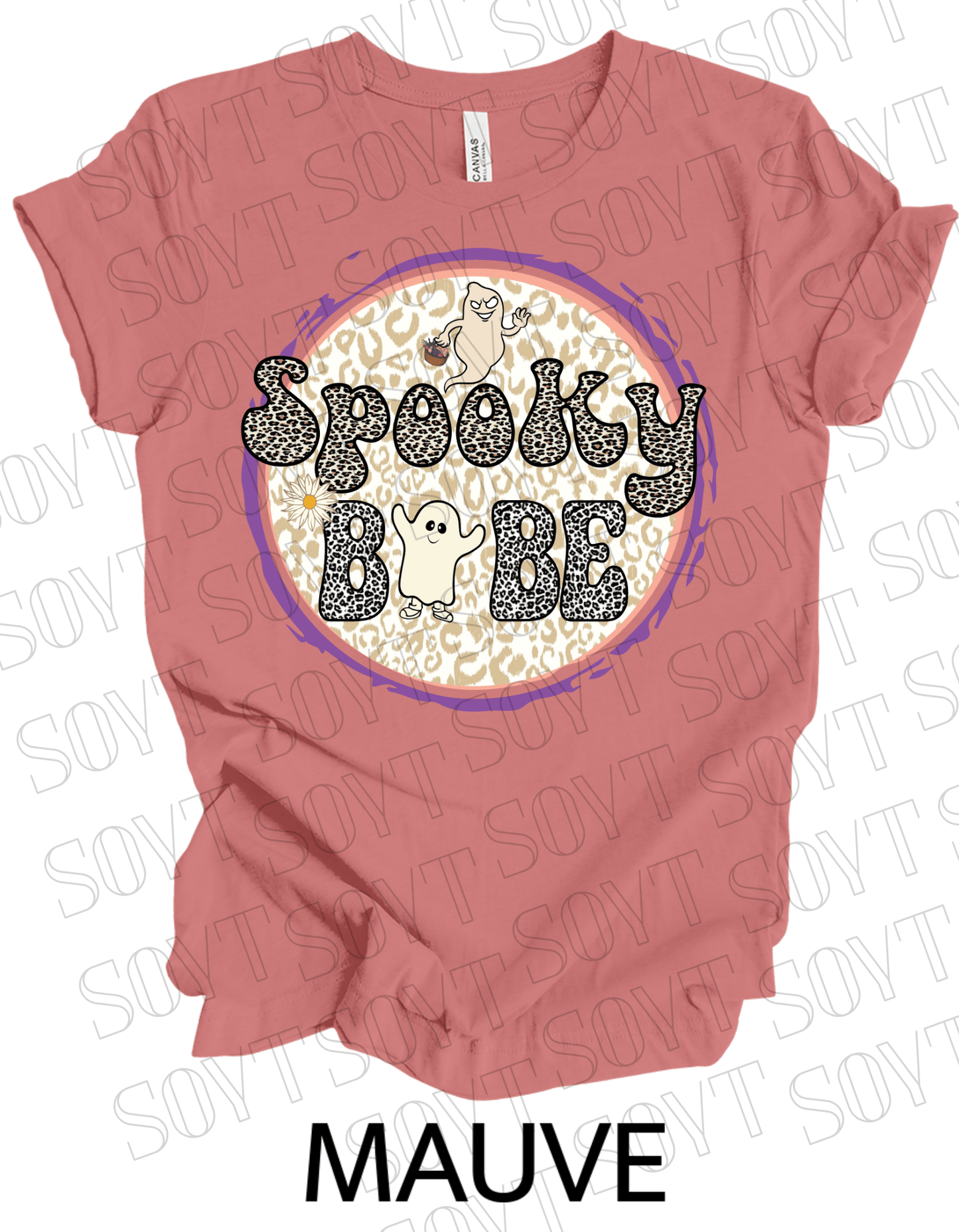Spooky Babe Halloween T-Shirt – Leopard Print Ghost & Rainbow Fall Graphic Tee - Festive Apparel StoreMauve