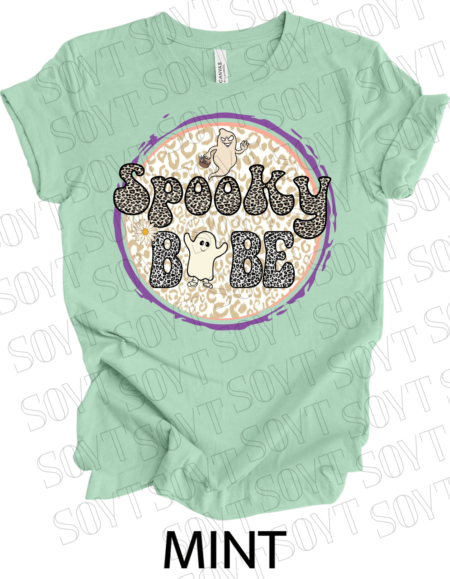 Spooky Babe Halloween T-Shirt – Leopard Print Ghost & Rainbow Fall Graphic Tee - Festive Apparel StoreMint