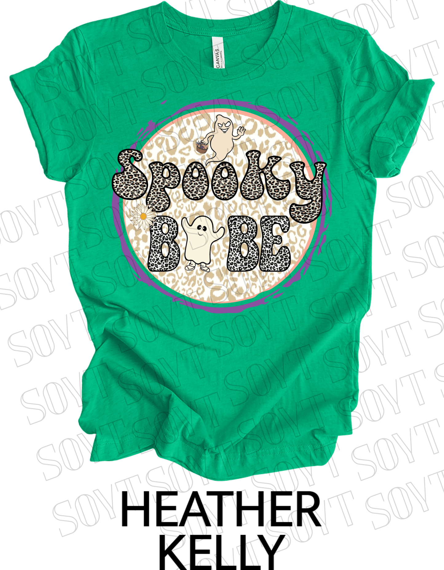 Spooky Babe Halloween T-Shirt – Leopard Print Ghost & Rainbow Fall Graphic Tee - Festive Apparel StoreHeather Kelly Green