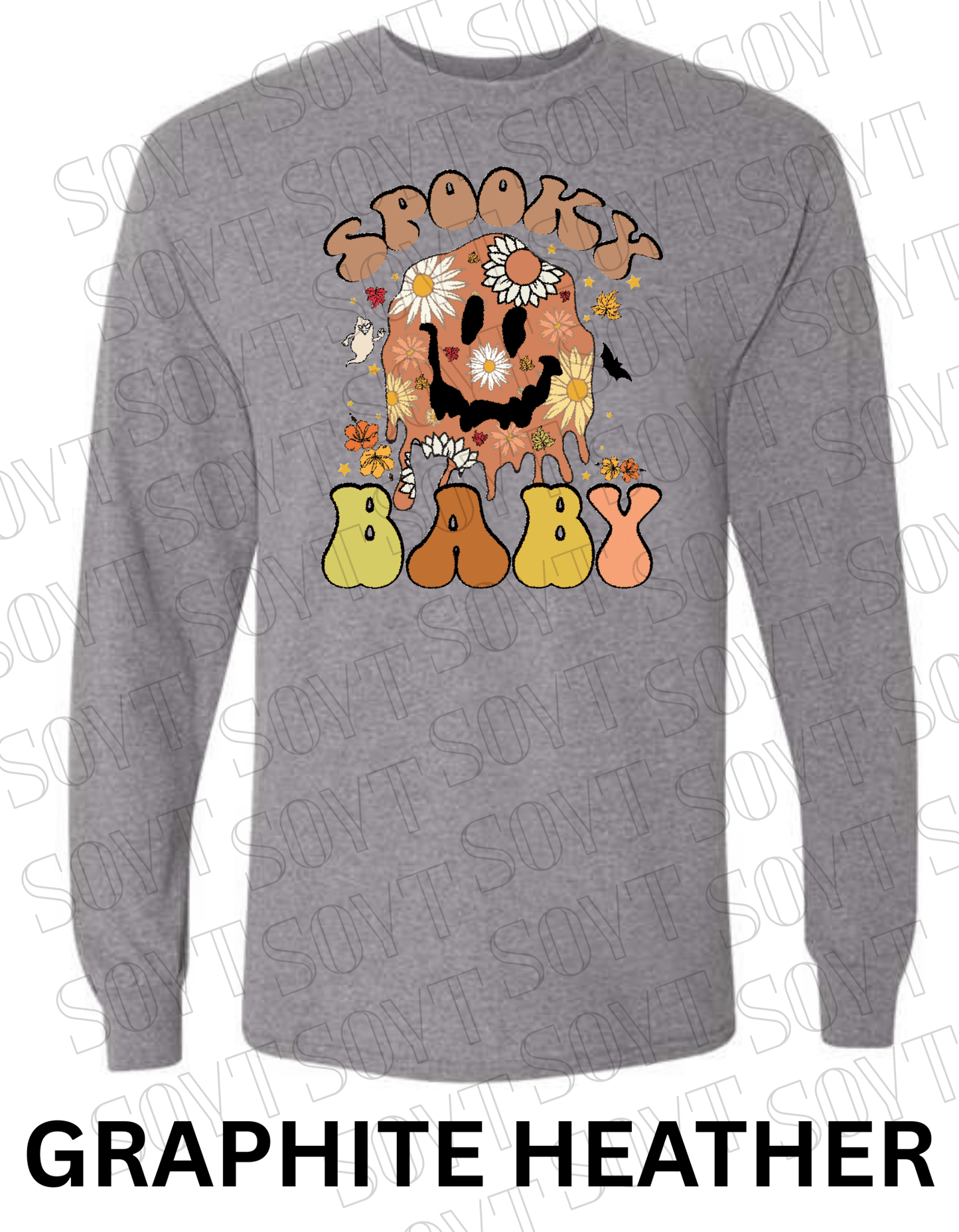Spooky Baby Halloween Long Sleeve – Retro Floral Smiley Face & Fall Daisies Shirt - Festive Apparel StoreGraphite Heather