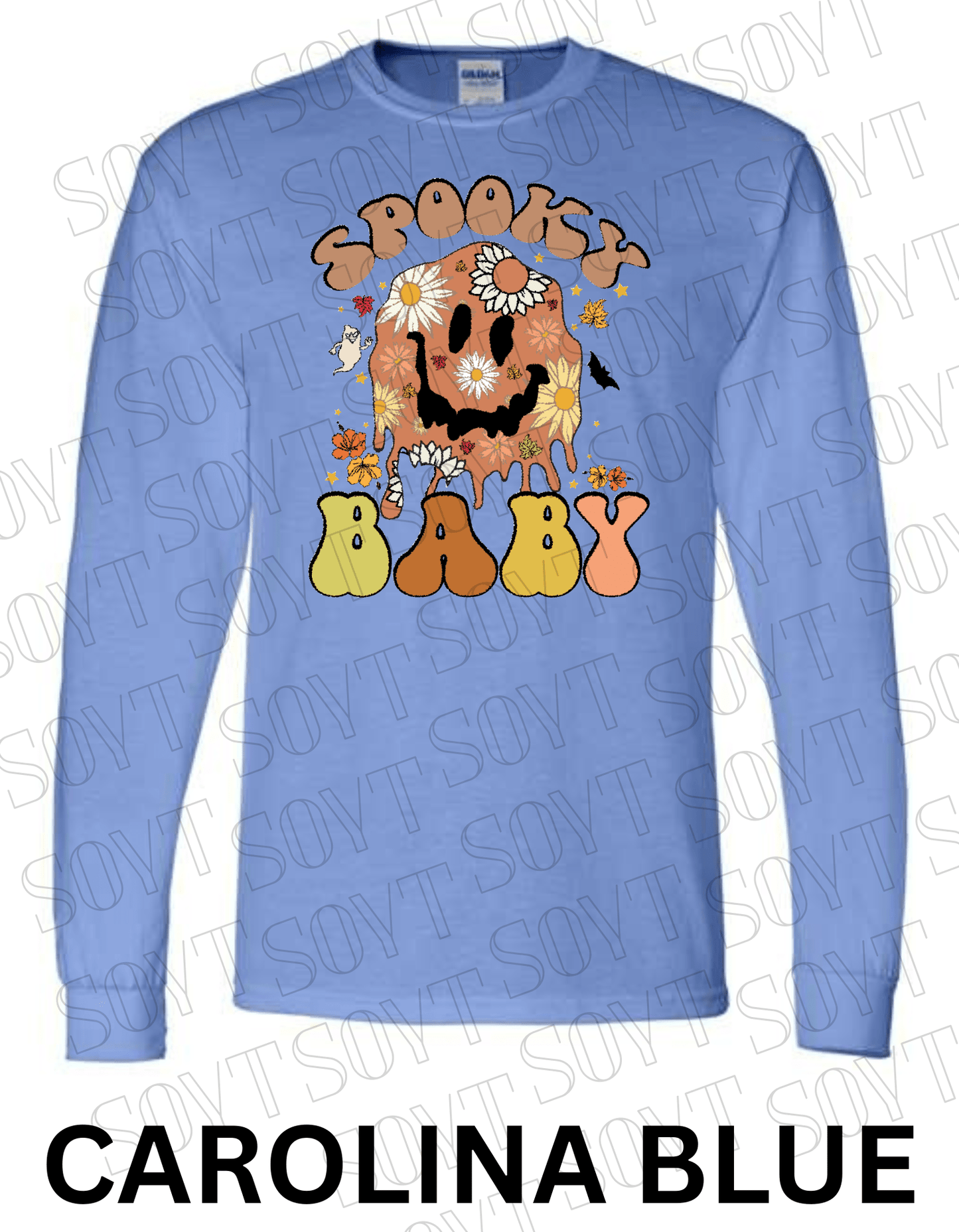 Spooky Baby Halloween Long Sleeve – Retro Floral Smiley Face & Fall Daisies Shirt - Festive Apparel StoreCarolina Blue