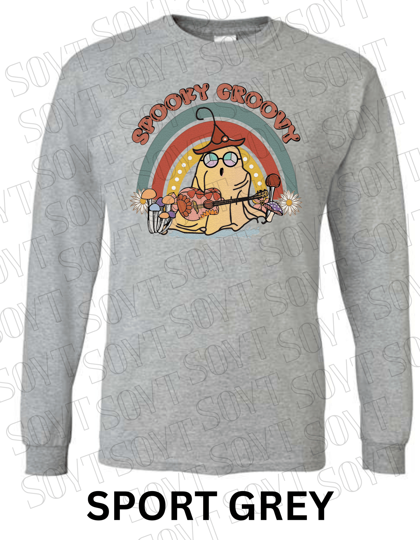 Spooky Groovy Halloween Long Sleeve – Retro Ghost with Guitar, Mushrooms & Rainbow Shirt - Festive Apparel StoreSport Grey