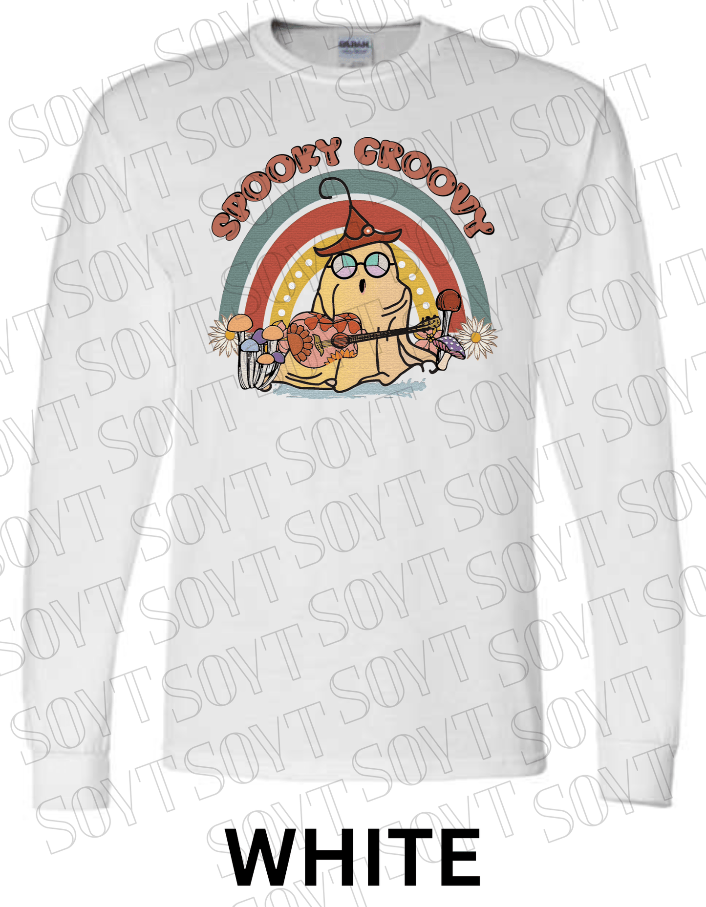 Spooky Groovy Halloween Long Sleeve – Retro Ghost with Guitar, Mushrooms & Rainbow Shirt - Festive Apparel StoreWhite