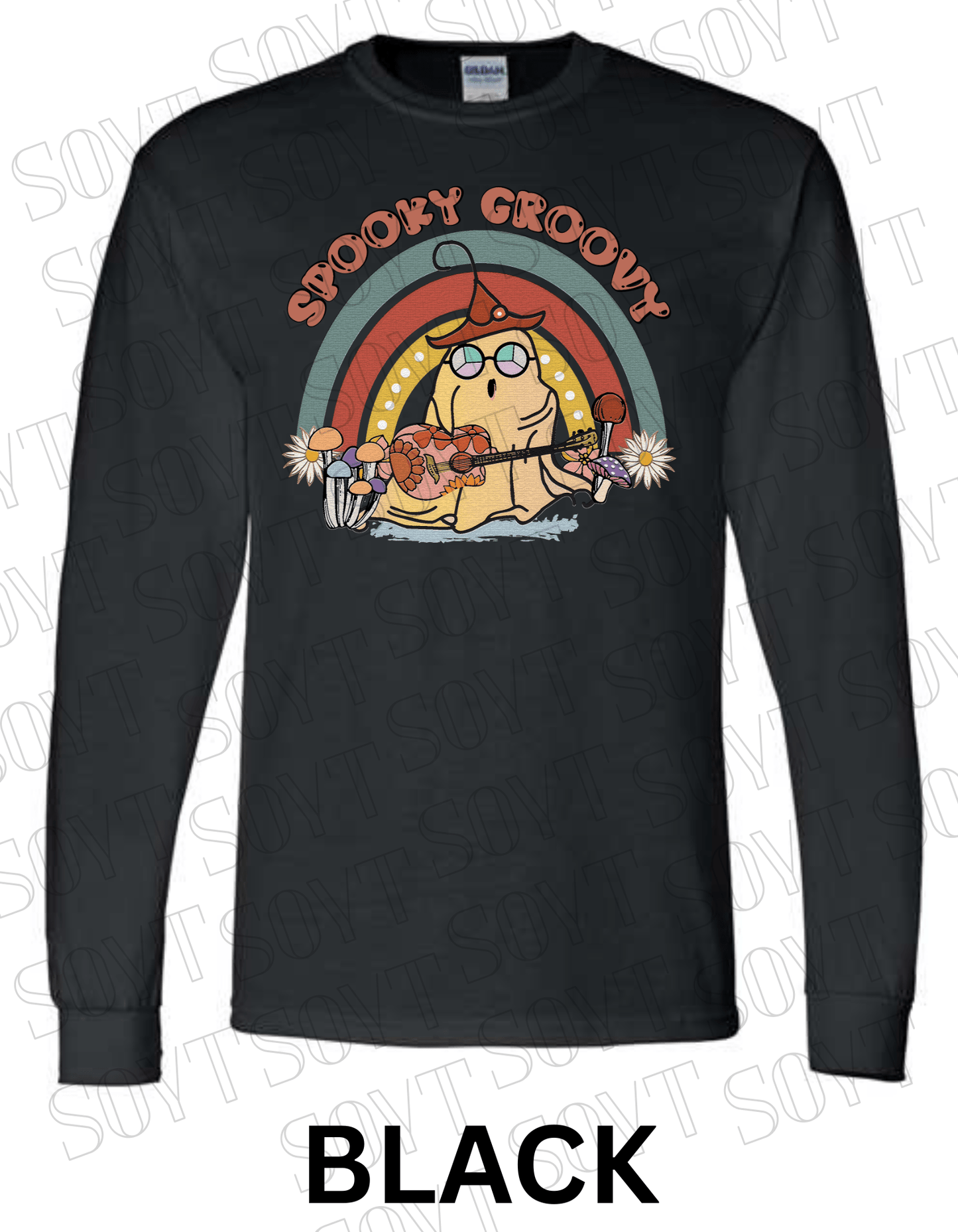Spooky Groovy Halloween Long Sleeve – Retro Ghost with Guitar, Mushrooms & Rainbow Shirt - Festive Apparel StoreBlack