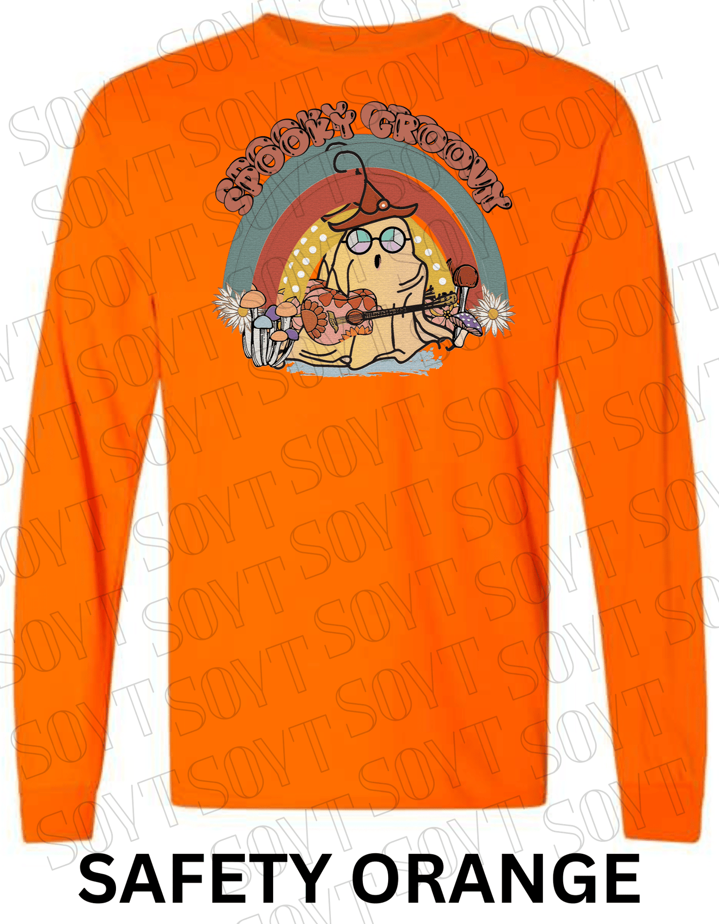 Spooky Groovy Halloween Long Sleeve – Retro Ghost with Guitar, Mushrooms & Rainbow Shirt - Festive Apparel StoreSafety Orange