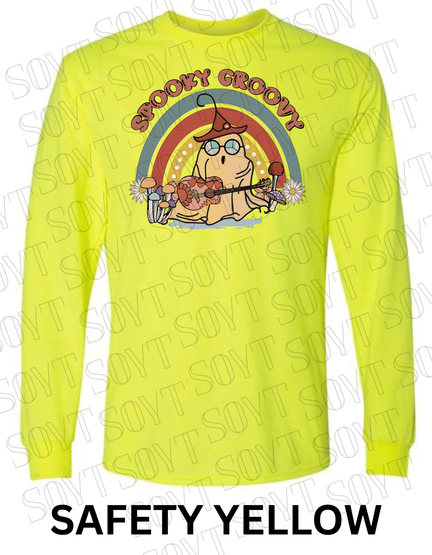 Spooky Groovy Halloween Long Sleeve – Retro Ghost with Guitar, Mushrooms & Rainbow Shirt - Festive Apparel StoreSafety Yellow