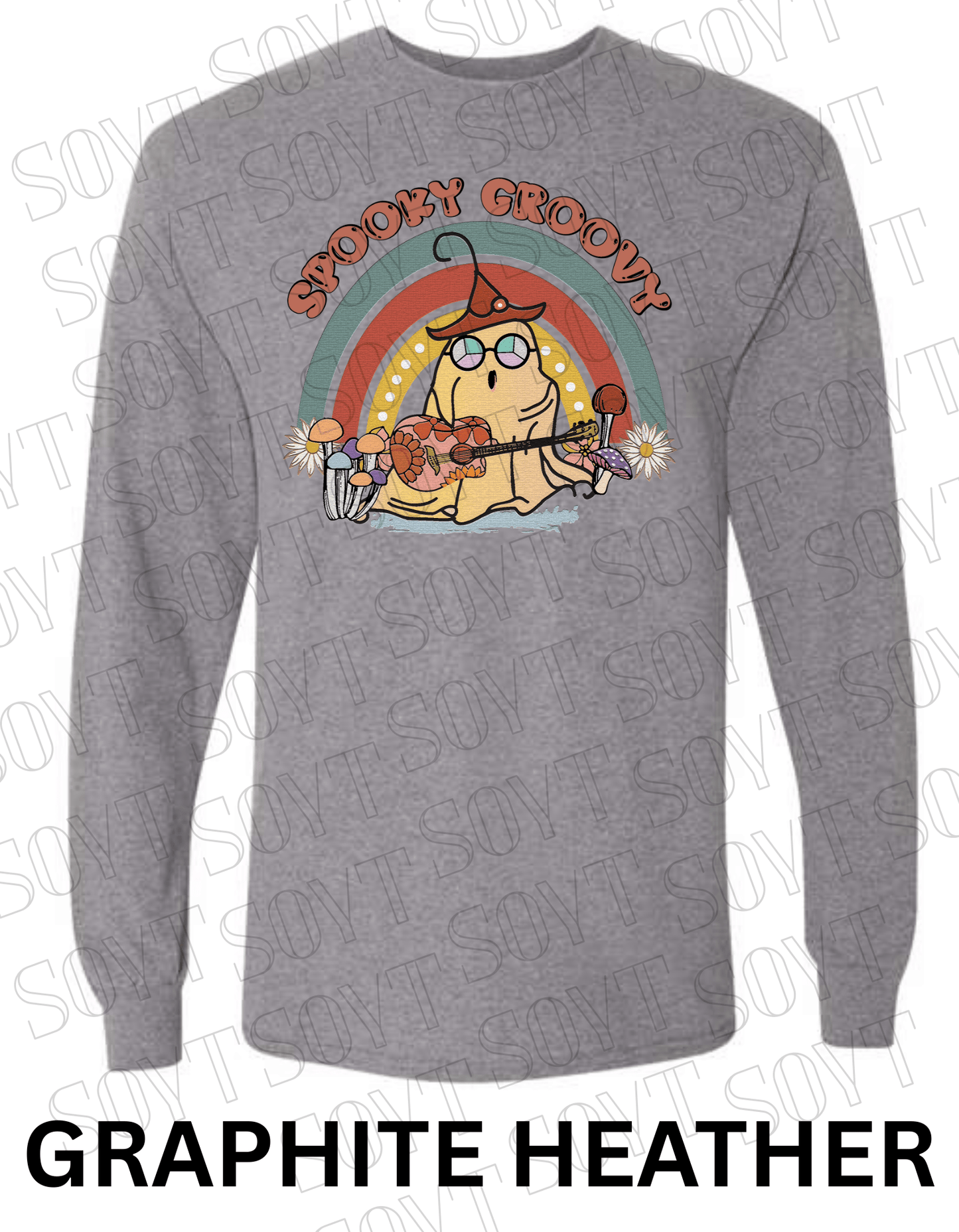 Spooky Groovy Halloween Long Sleeve – Retro Ghost with Guitar, Mushrooms & Rainbow Shirt - Festive Apparel StoreGraphite Heather