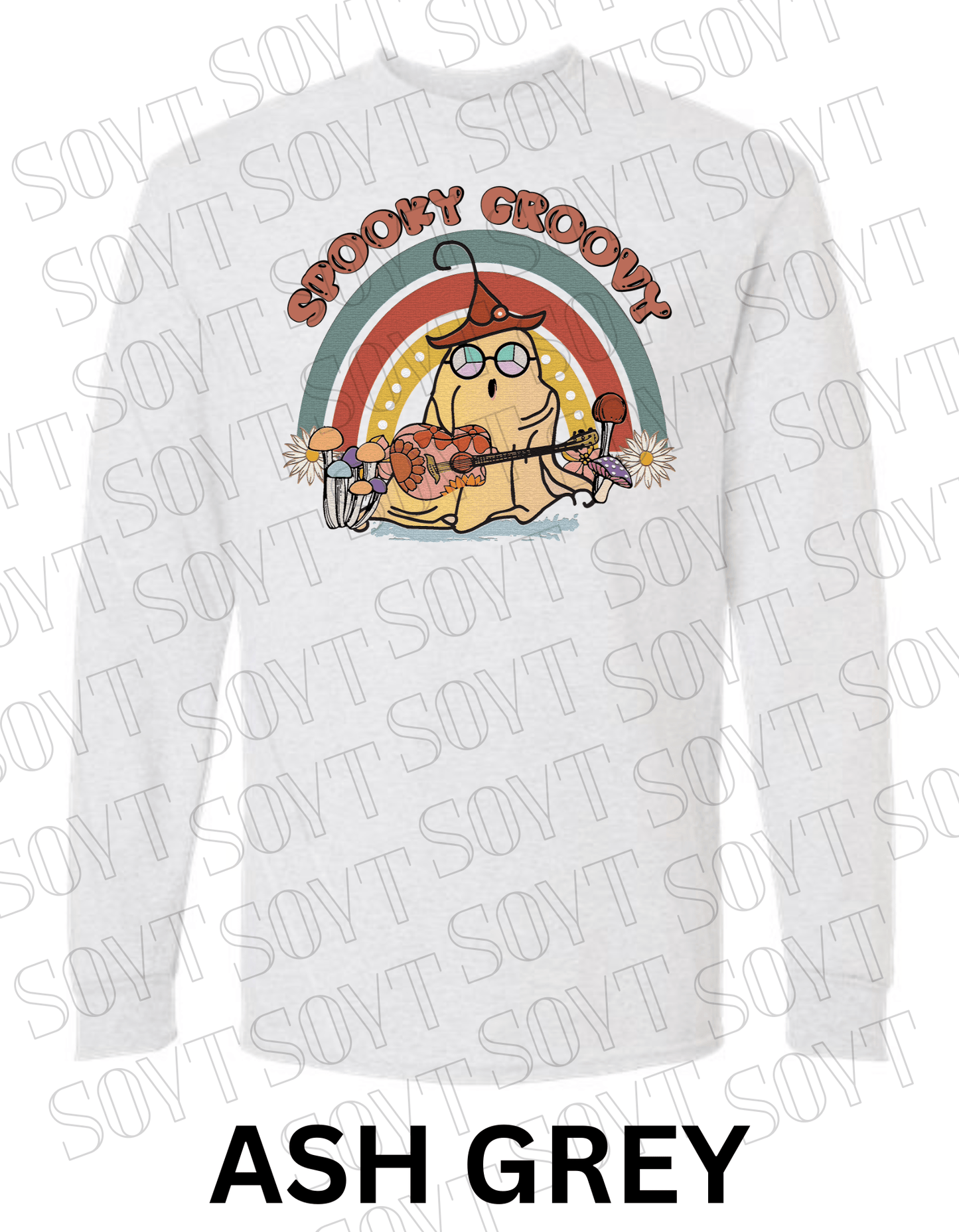 Spooky Groovy Halloween Long Sleeve – Retro Ghost with Guitar, Mushrooms & Rainbow Shirt - Festive Apparel StoreAsh Gray