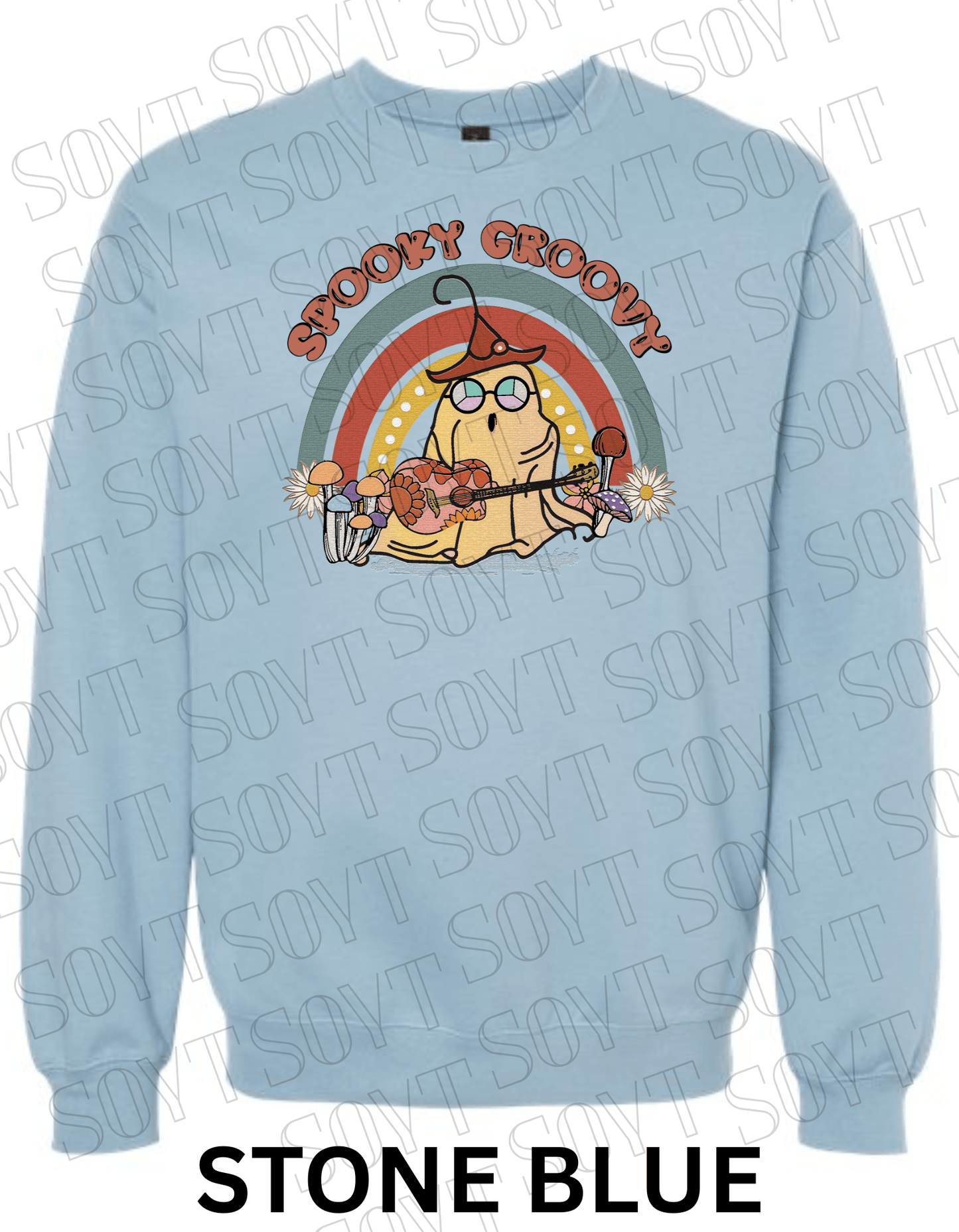 Spooky Groovy Halloween Sweatshirt – Retro Ghost with Guitar, Rainbow & Mushroom Fleece Pullover - Festive Apparel StoreStone Blue