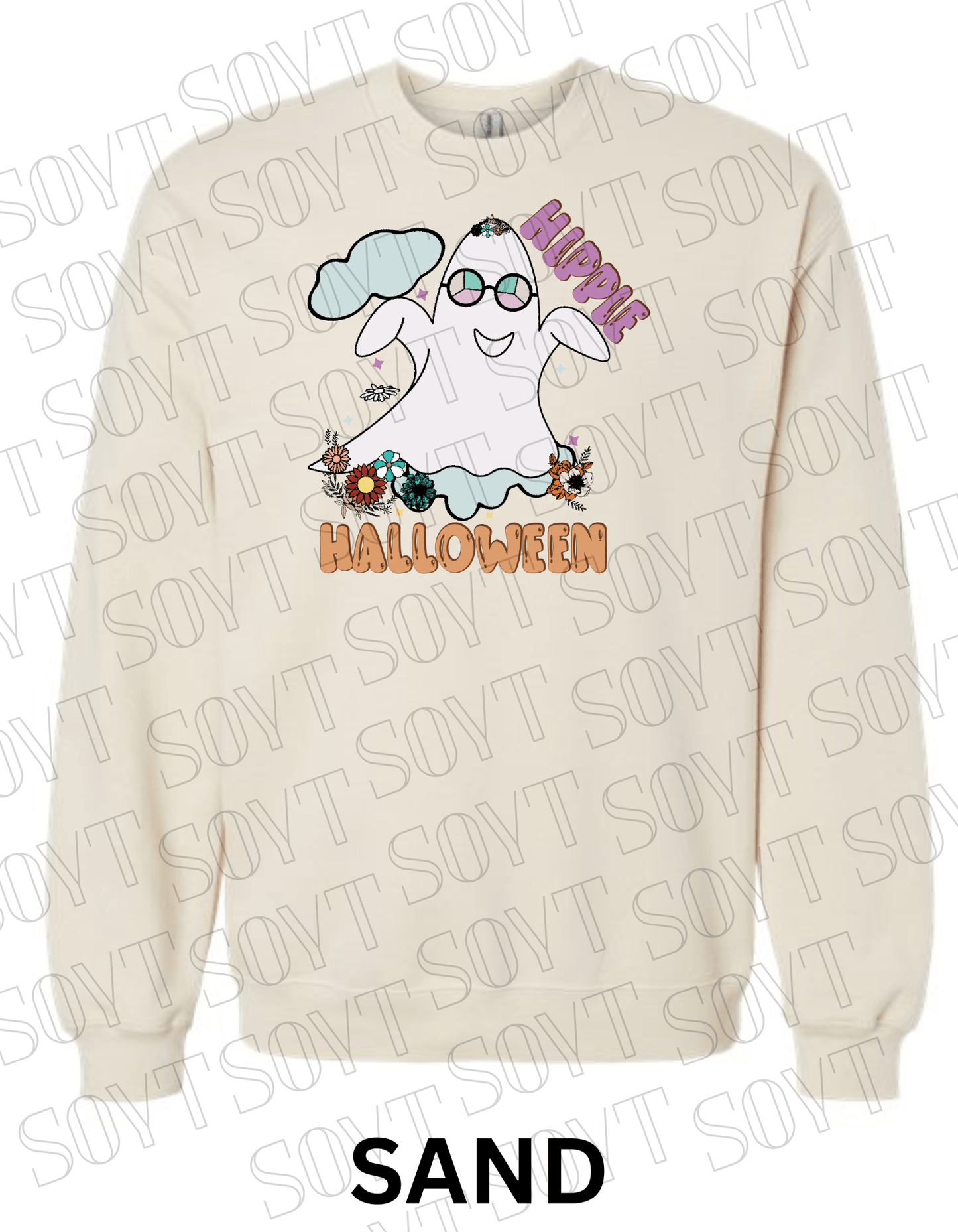 Spooky Groovy Halloween Sweatshirt – Retro Ghost with Guitar, Rainbow & Mushroom Fleece Pullover - Festive Apparel StoreSand