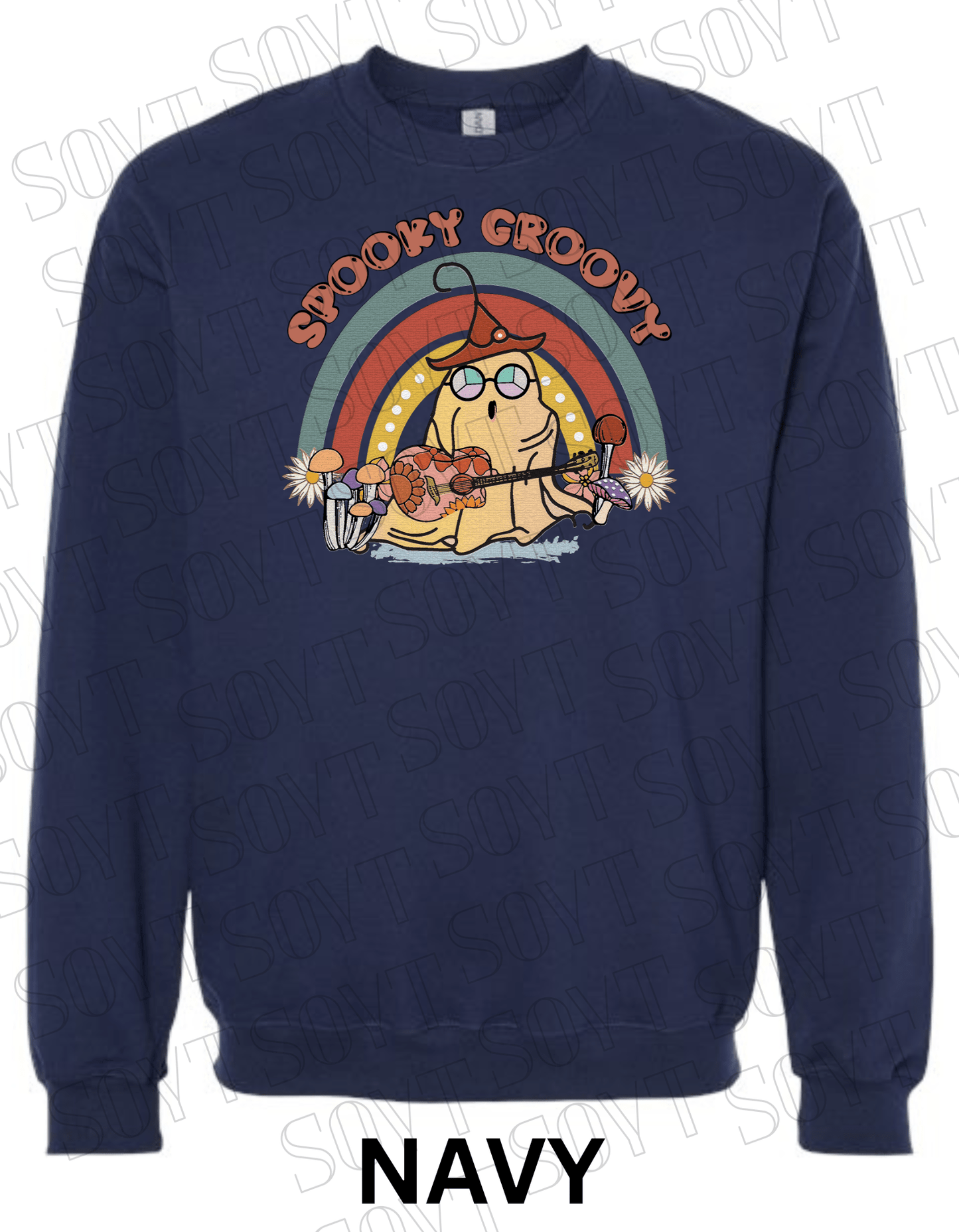 Spooky Groovy Halloween Sweatshirt – Retro Ghost with Guitar, Rainbow & Mushroom Fleece Pullover - Festive Apparel StoreNavy Blue