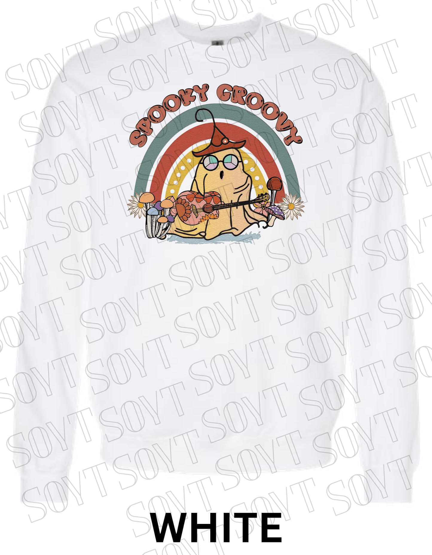 Spooky Groovy Halloween Sweatshirt – Retro Ghost with Guitar, Rainbow & Mushroom Fleece Pullover - Festive Apparel StoreWhite