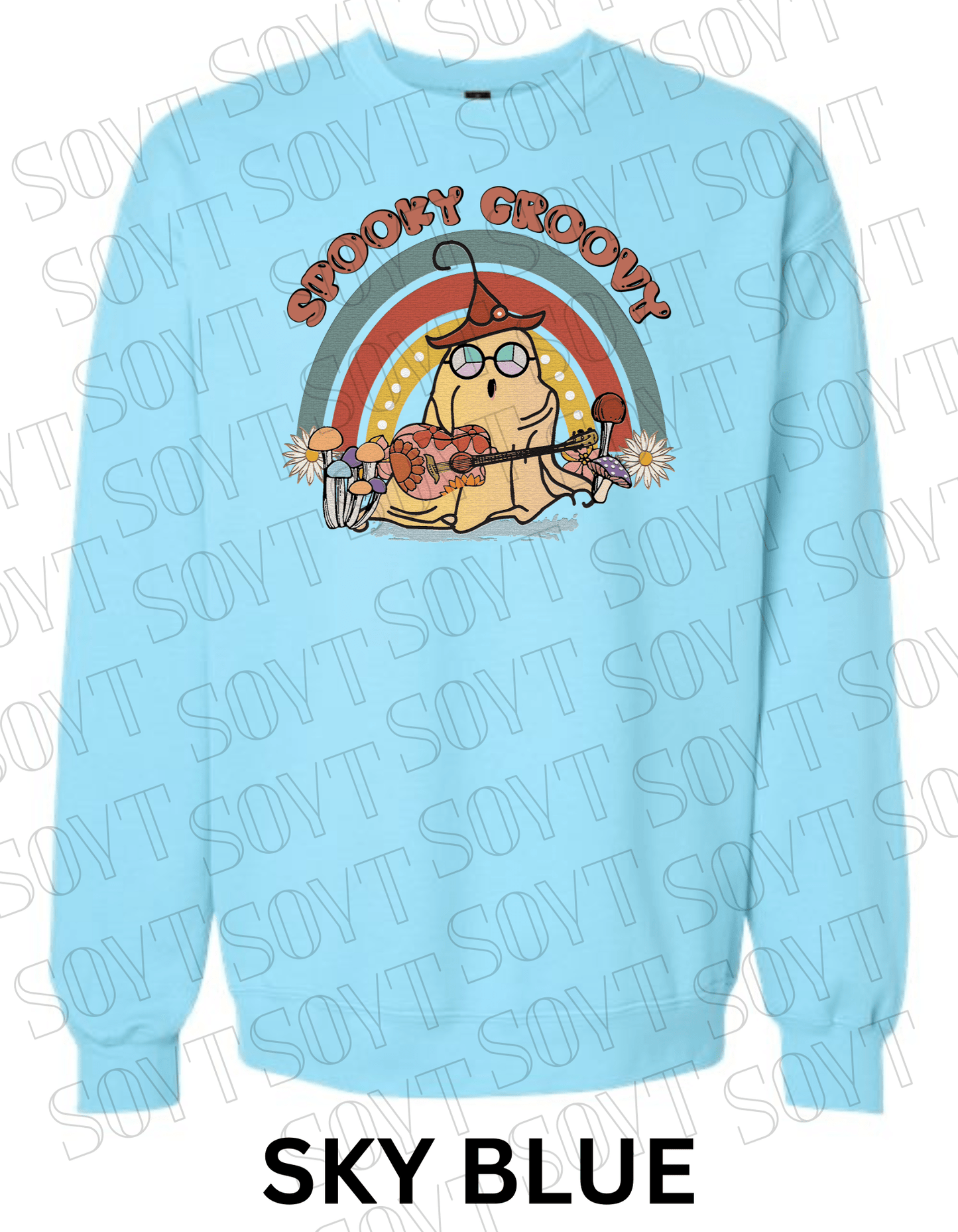 Spooky Groovy Halloween Sweatshirt – Retro Ghost with Guitar, Rainbow & Mushroom Fleece Pullover - Festive Apparel StoreSky Blue