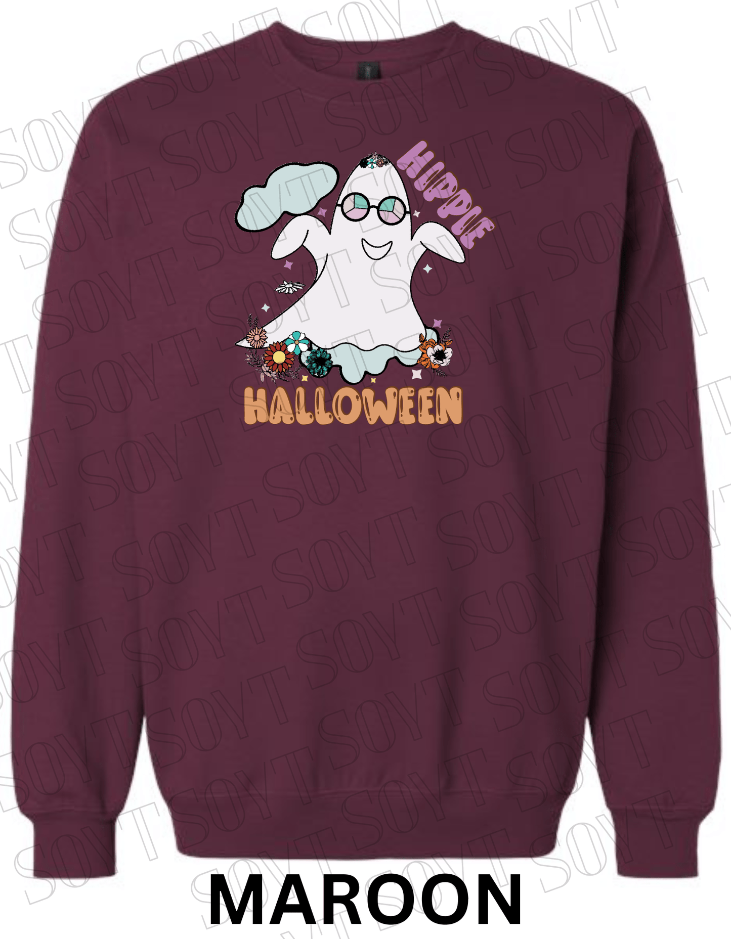 Spooky Groovy Halloween Sweatshirt – Retro Ghost with Guitar, Rainbow & Mushroom Fleece Pullover - Festive Apparel StoreMaroon