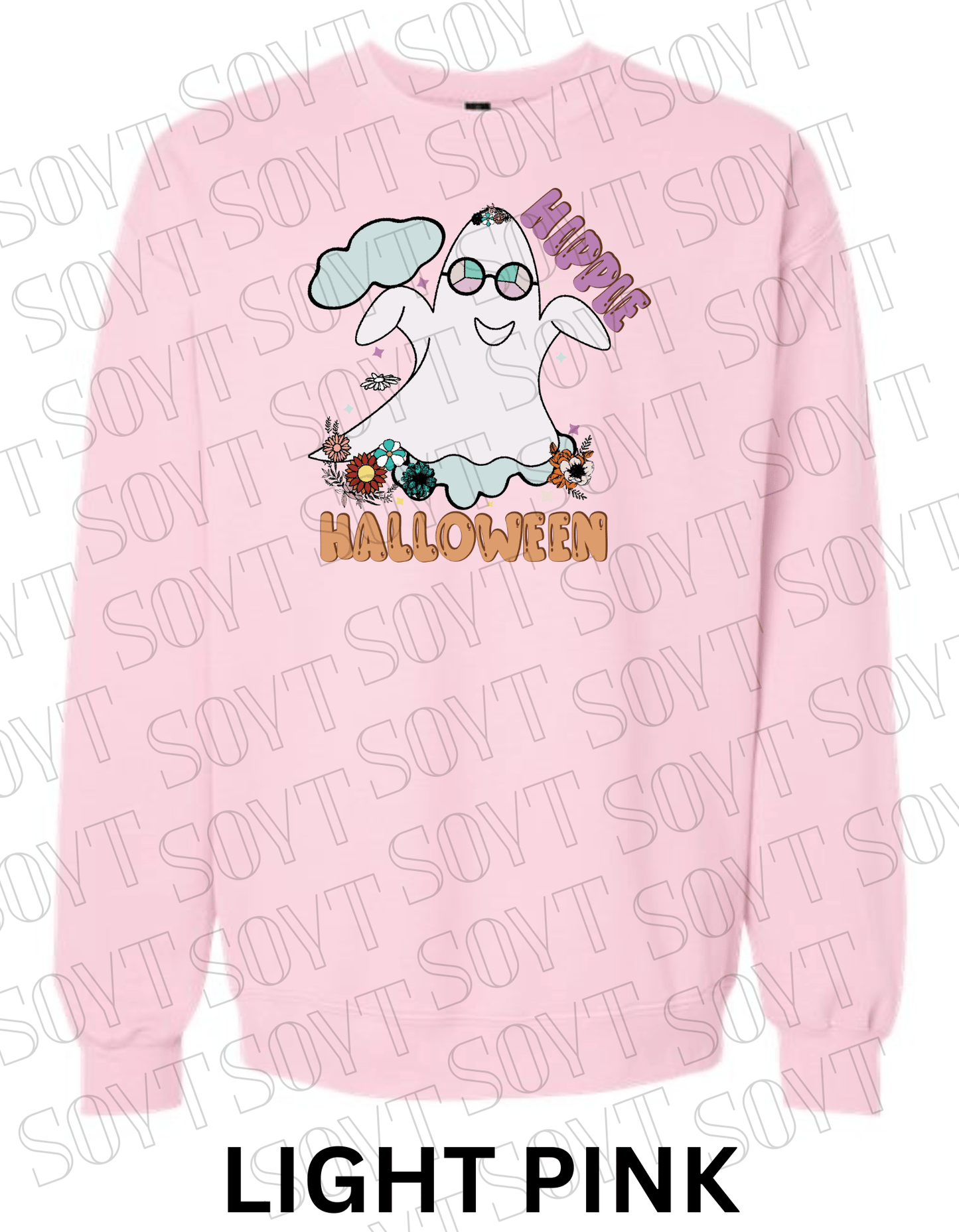 Spooky Groovy Halloween Sweatshirt – Retro Ghost with Guitar, Rainbow & Mushroom Fleece Pullover - Festive Apparel StoreLight Pink
