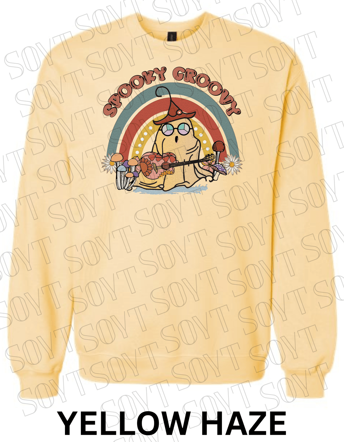 Spooky Groovy Halloween Sweatshirt – Retro Ghost with Guitar, Rainbow & Mushroom Fleece Pullover - Festive Apparel StoreYellow Haze