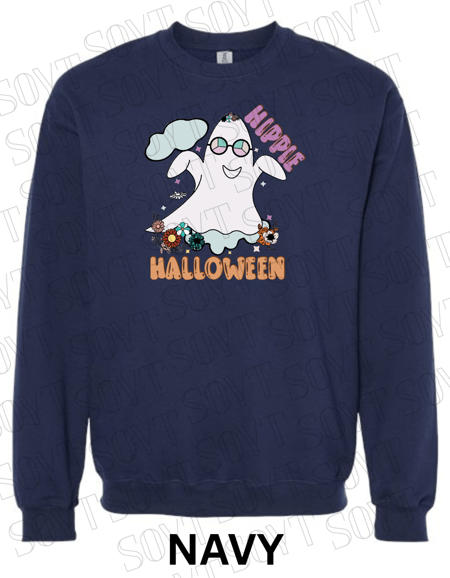 Spooky Groovy Halloween Sweatshirt – Retro Ghost with Guitar, Rainbow & Mushroom Fleece Pullover - Festive Apparel StoreNavy Blue
