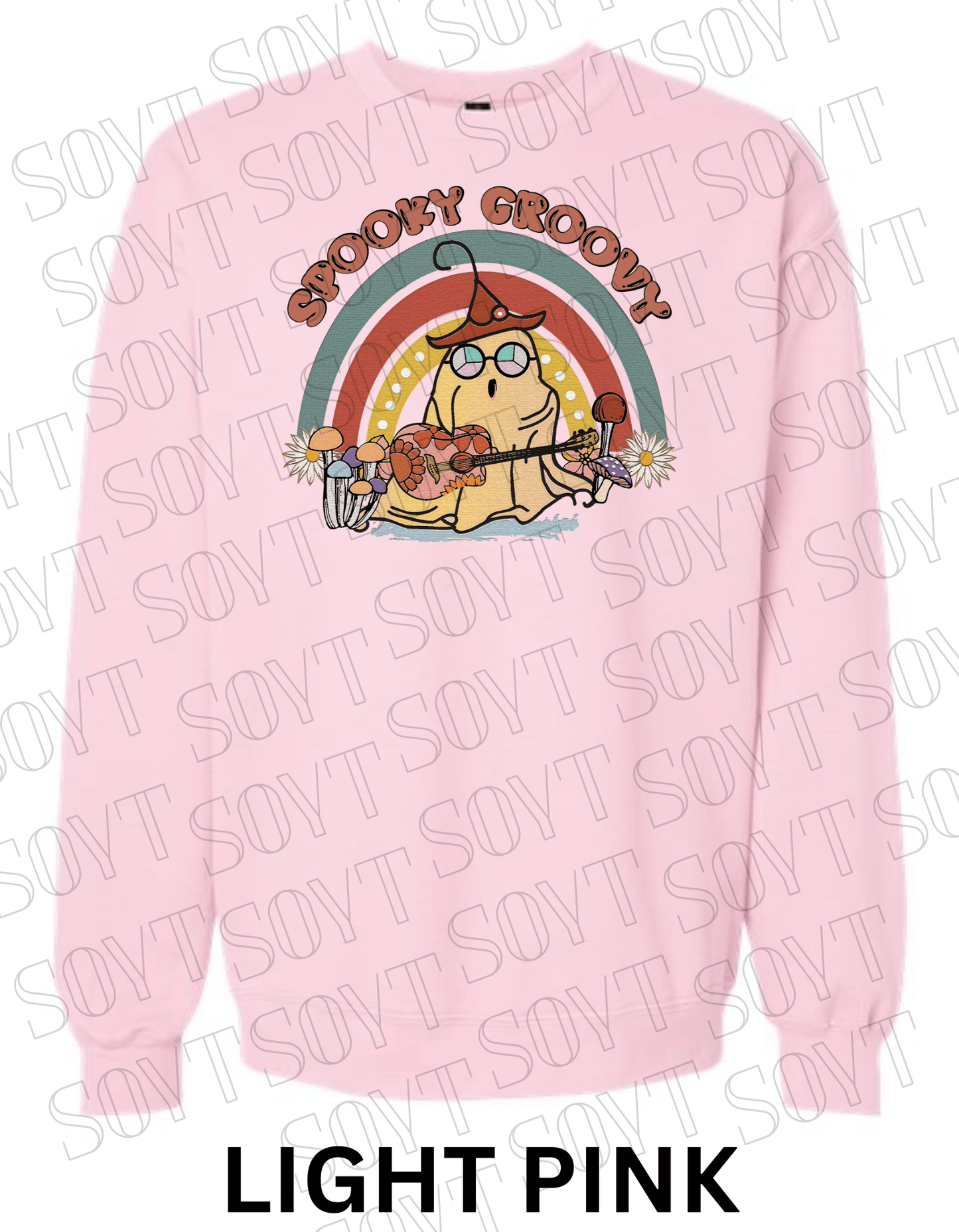 Spooky Groovy Halloween Sweatshirt – Retro Ghost with Guitar, Rainbow & Mushroom Fleece Pullover - Festive Apparel StoreLight Pink
