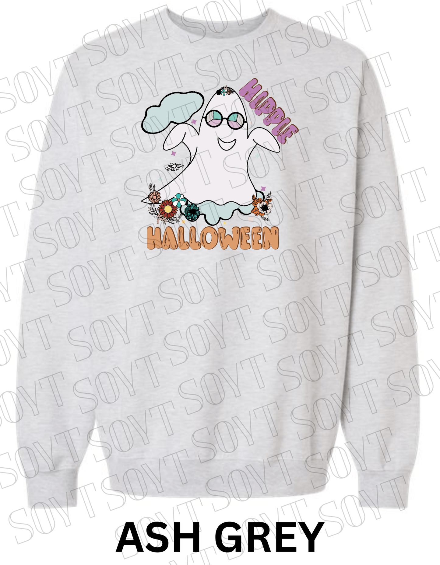 Spooky Groovy Halloween Sweatshirt – Retro Ghost with Guitar, Rainbow & Mushroom Fleece Pullover - Festive Apparel StoreAsh Grey
