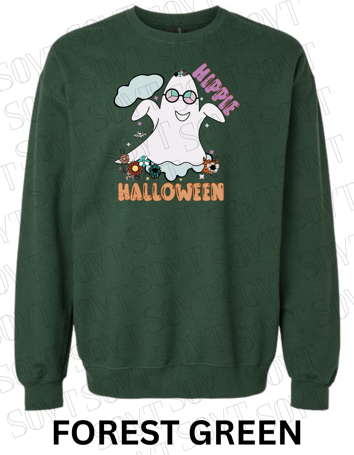 Spooky Groovy Halloween Sweatshirt – Retro Ghost with Guitar, Rainbow & Mushroom Fleece Pullover - Festive Apparel StoreForest Green