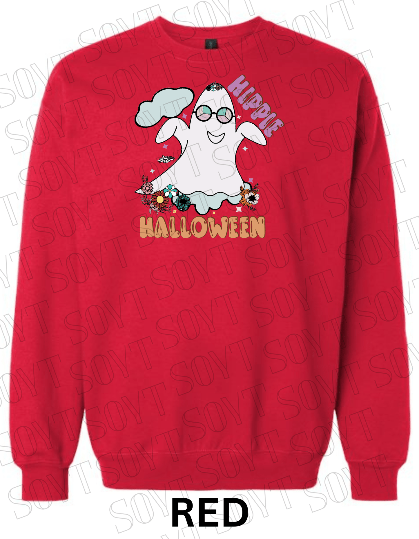 Spooky Groovy Halloween Sweatshirt – Retro Ghost with Guitar, Rainbow & Mushroom Fleece Pullover - Festive Apparel StoreRed