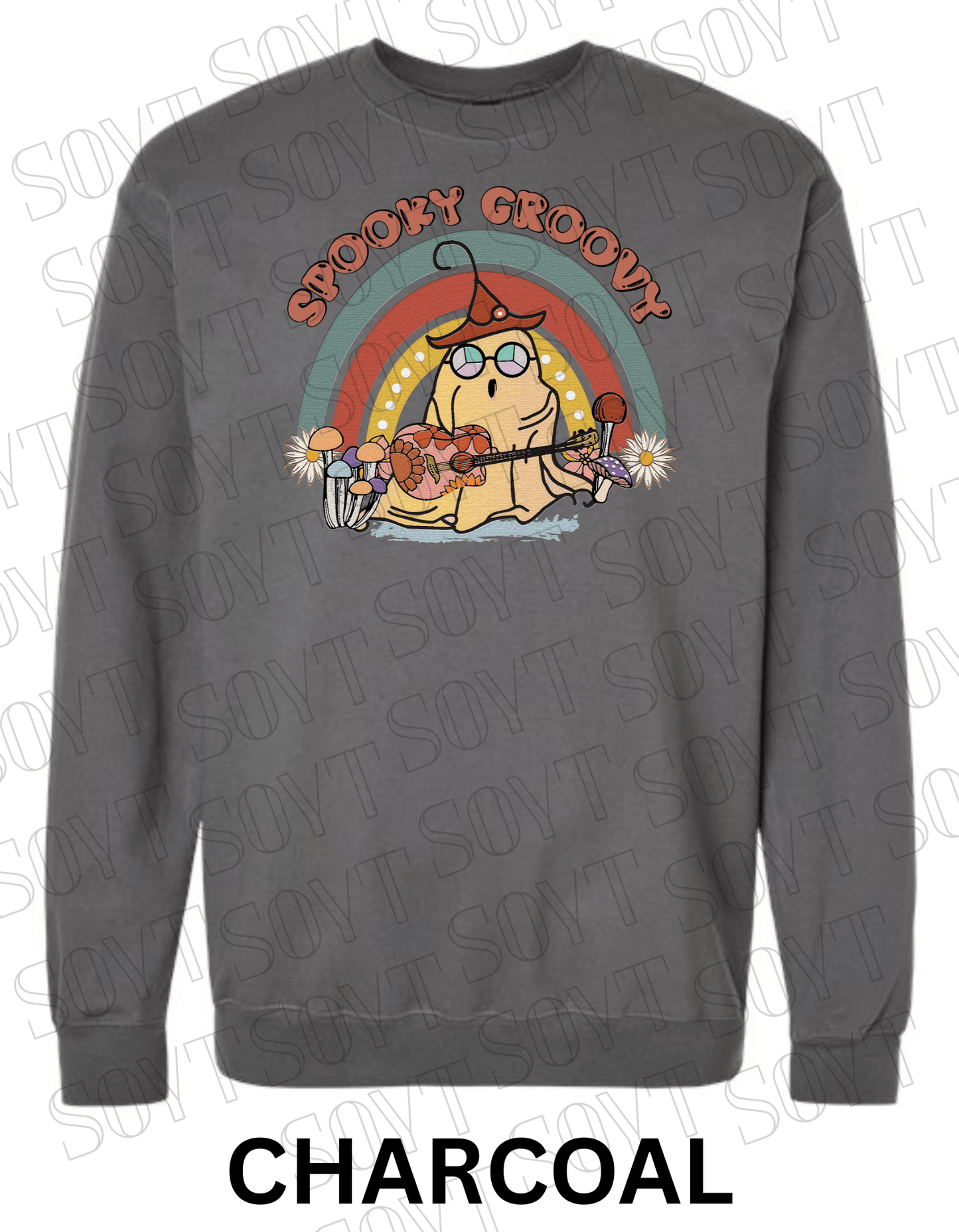 Spooky Groovy Halloween Sweatshirt – Retro Ghost with Guitar, Rainbow & Mushroom Fleece Pullover - Festive Apparel StoreCharcoal