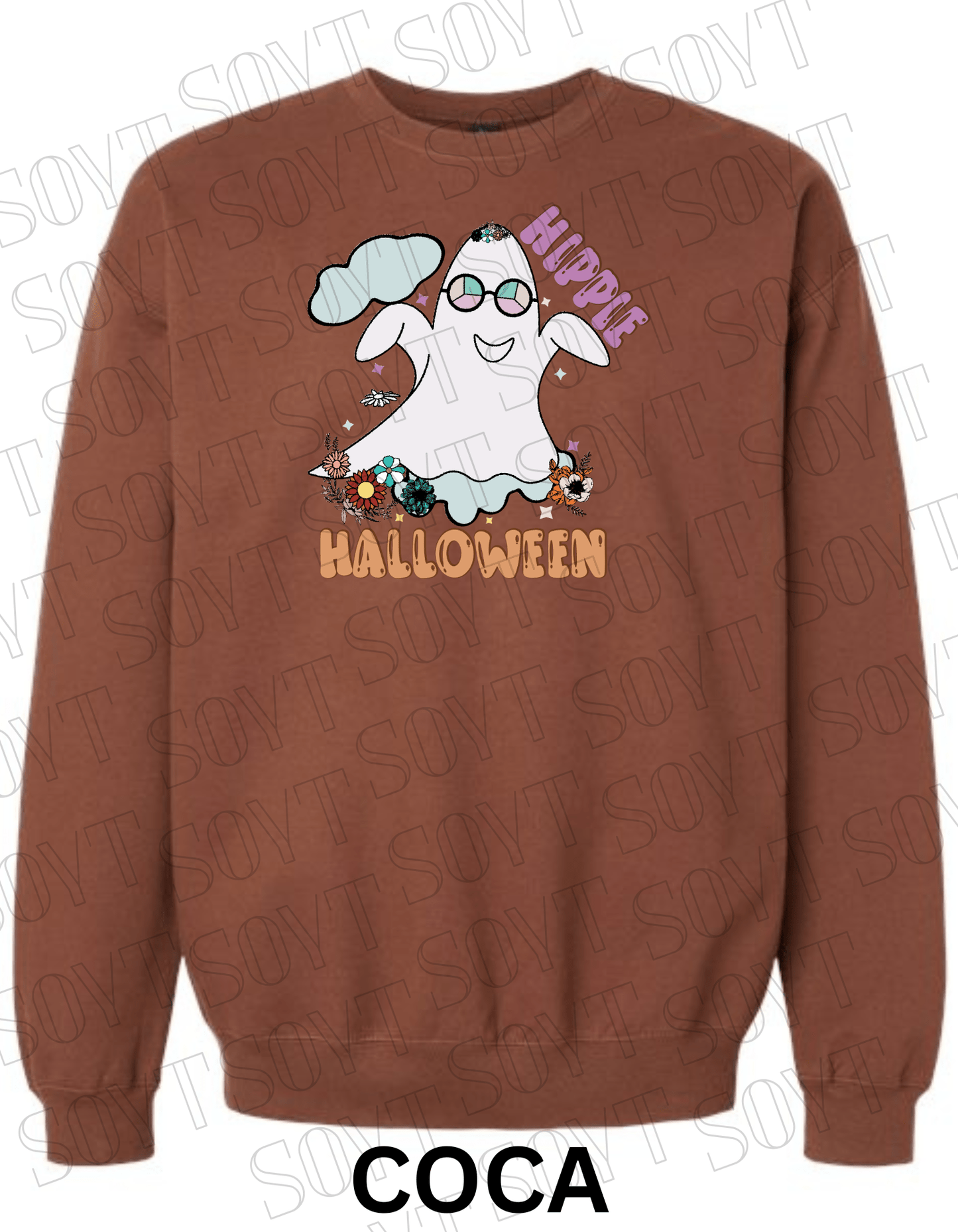 Spooky Groovy Halloween Sweatshirt – Retro Ghost with Guitar, Rainbow & Mushroom Fleece Pullover - Festive Apparel StoreCocoa Brown